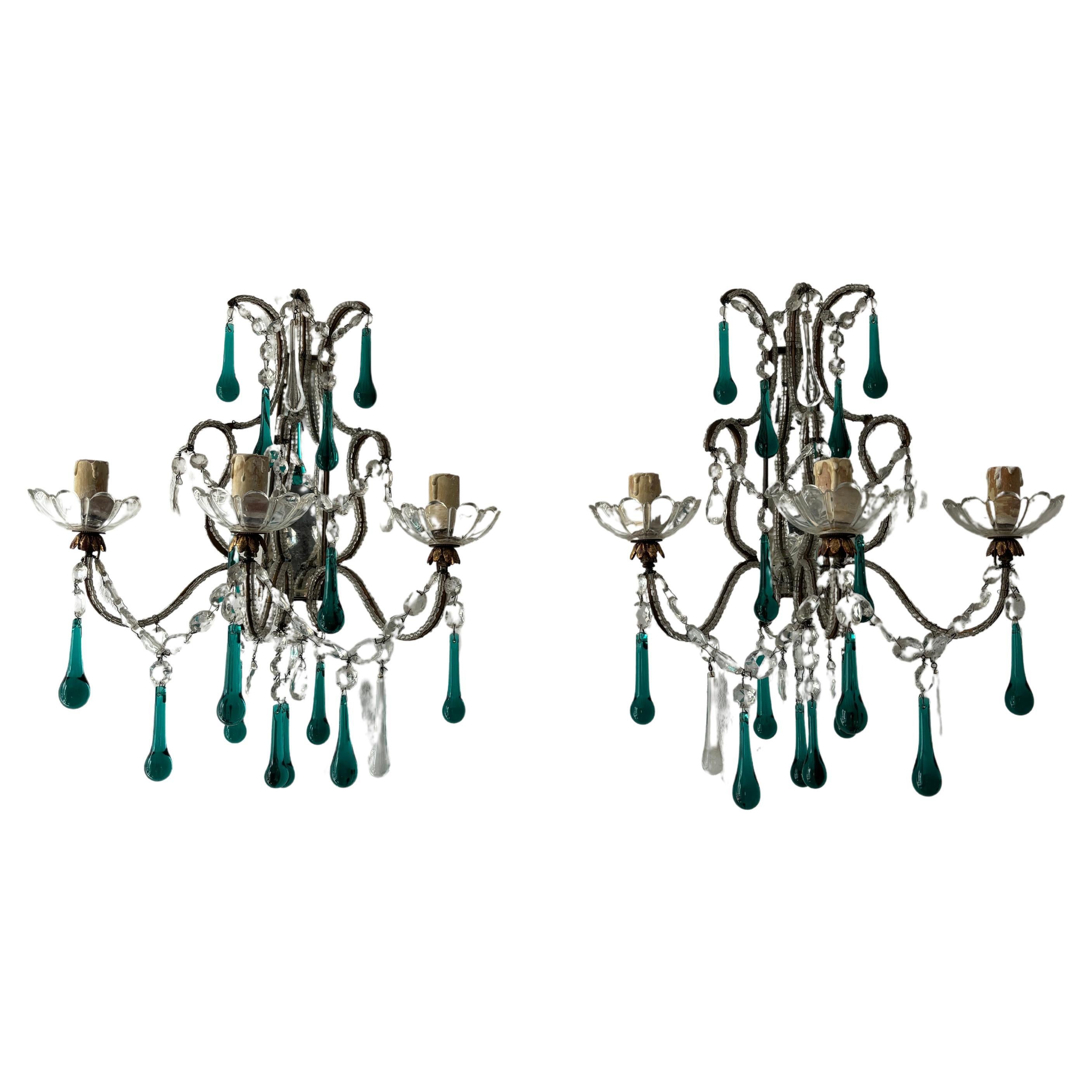 c 1900 French Beaded Extremely Rare Sea foam Green Murano Drops Mirrors Sconces