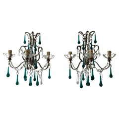 Antique c 1900 French Beaded Extremely Rare Sea foam Green Murano Drops Mirrors Sconces