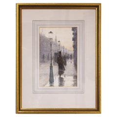 C. 1900 "London Street in the Mist" Aquarelle d'Edward Van Goethem