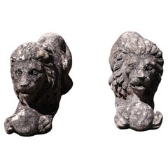 c. 1900 Pair of English Cast Stone Lion Garden Statues
