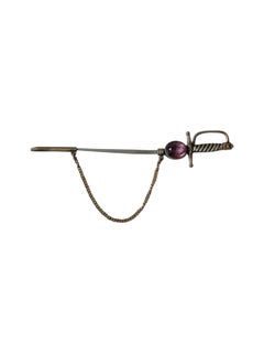 c. 1900s Edwardian Silvered Metal Sword Jabot Pin with Amethyst Paste