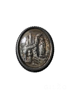 c. 1900s French Antique Silvered Our Lady of Lourdes Domed Glass Brooch