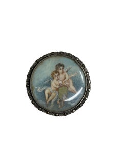 c. 1900s French Belle Époque Sterling Silver Marcasite Cherub Painting Brooch