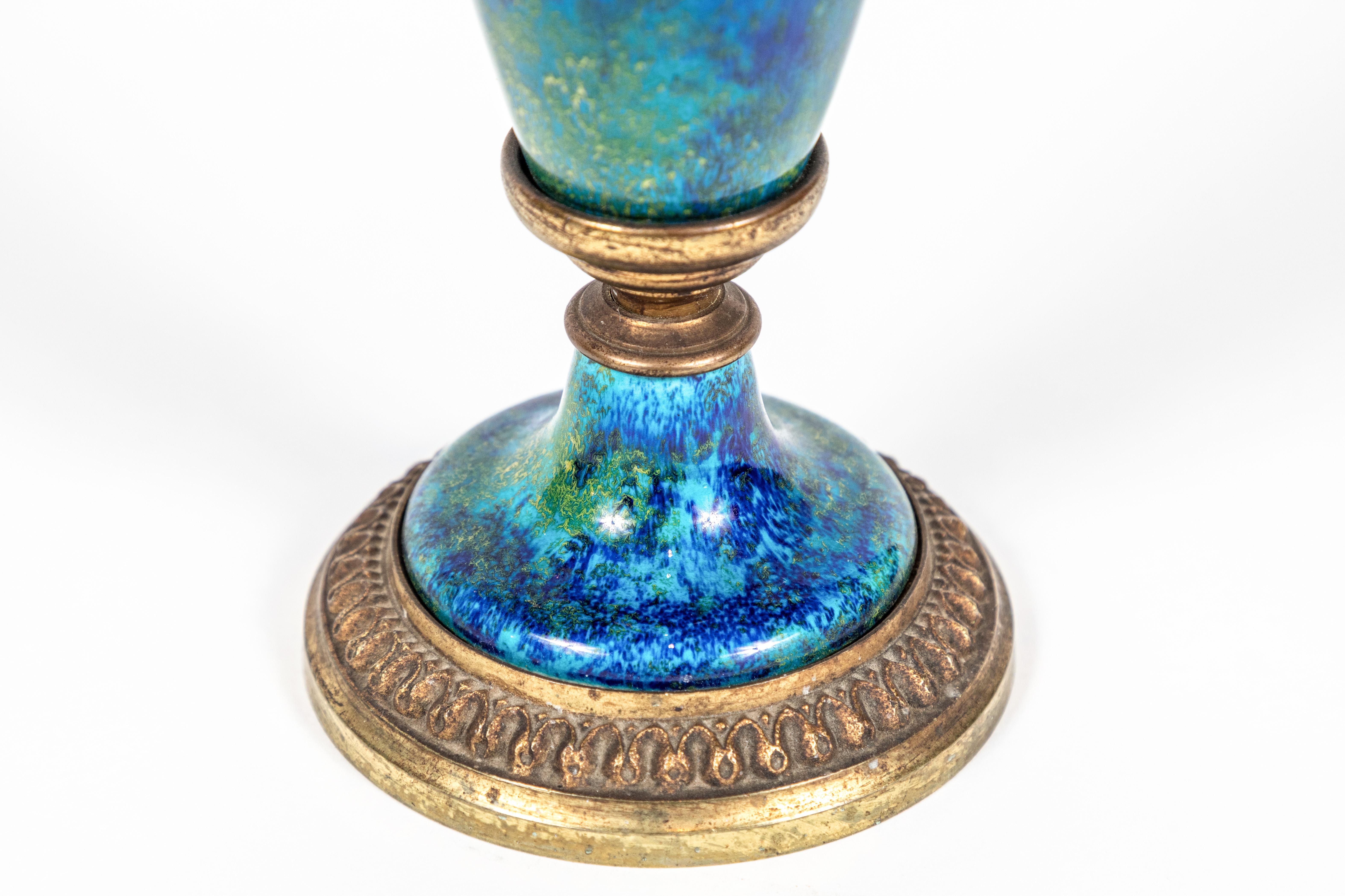 Gilt Petite, Turquoise, Porcelain Urns, circa 1910 For Sale