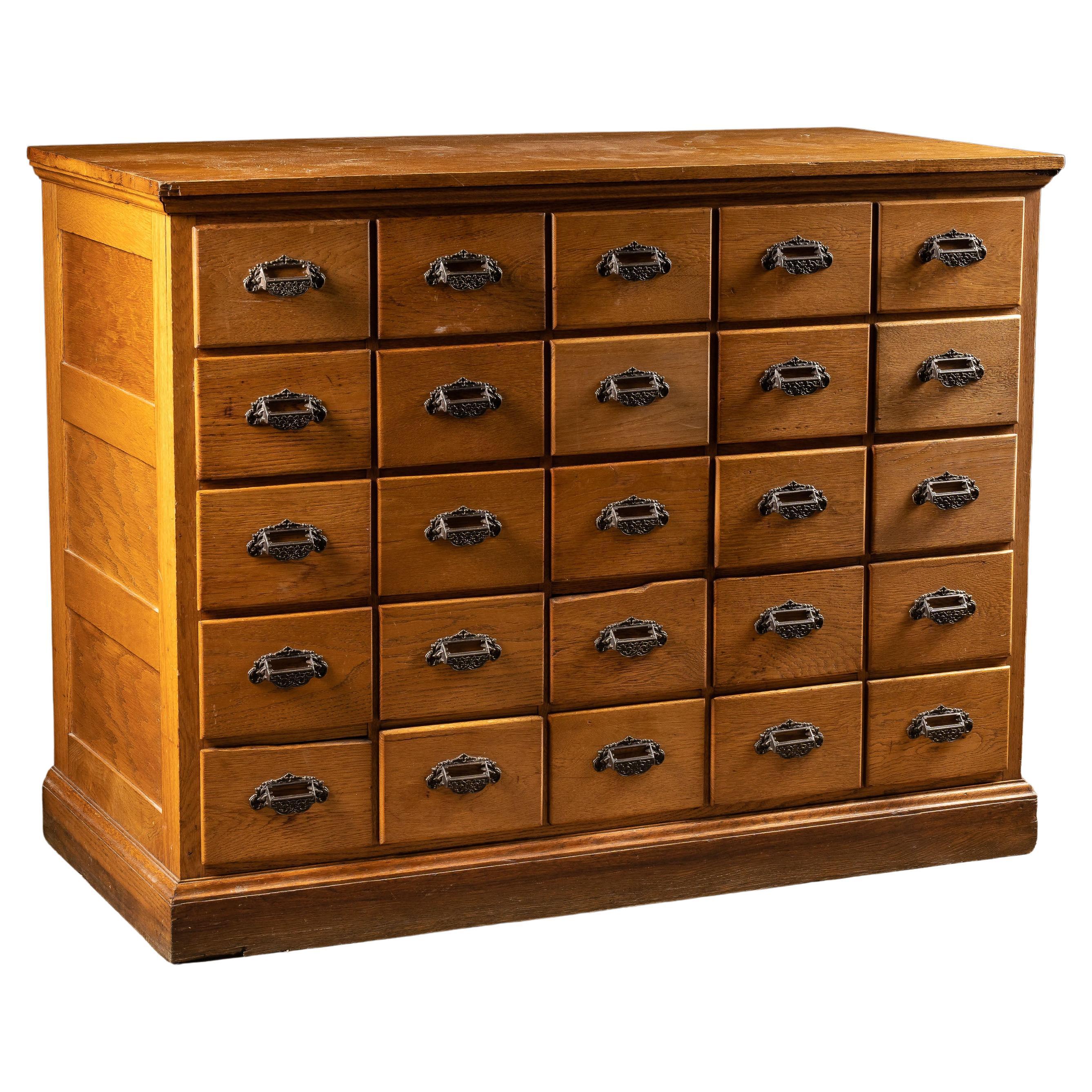 c. 1910s Oak Wood Long Drawer Apothecary Cabinet in vendita