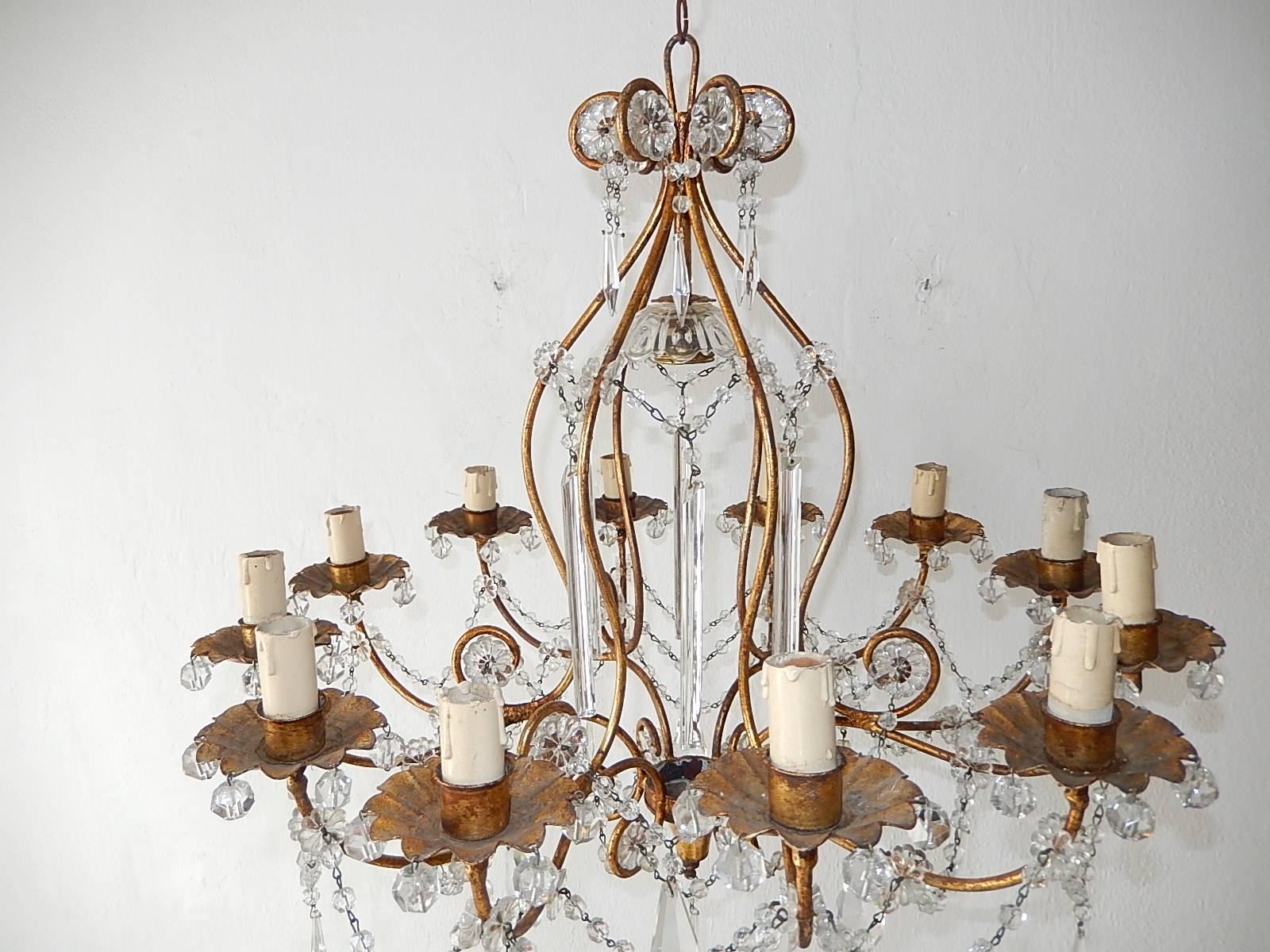 13 Lights French Rare Crystal Prisms Chandelier, circa 1920 6