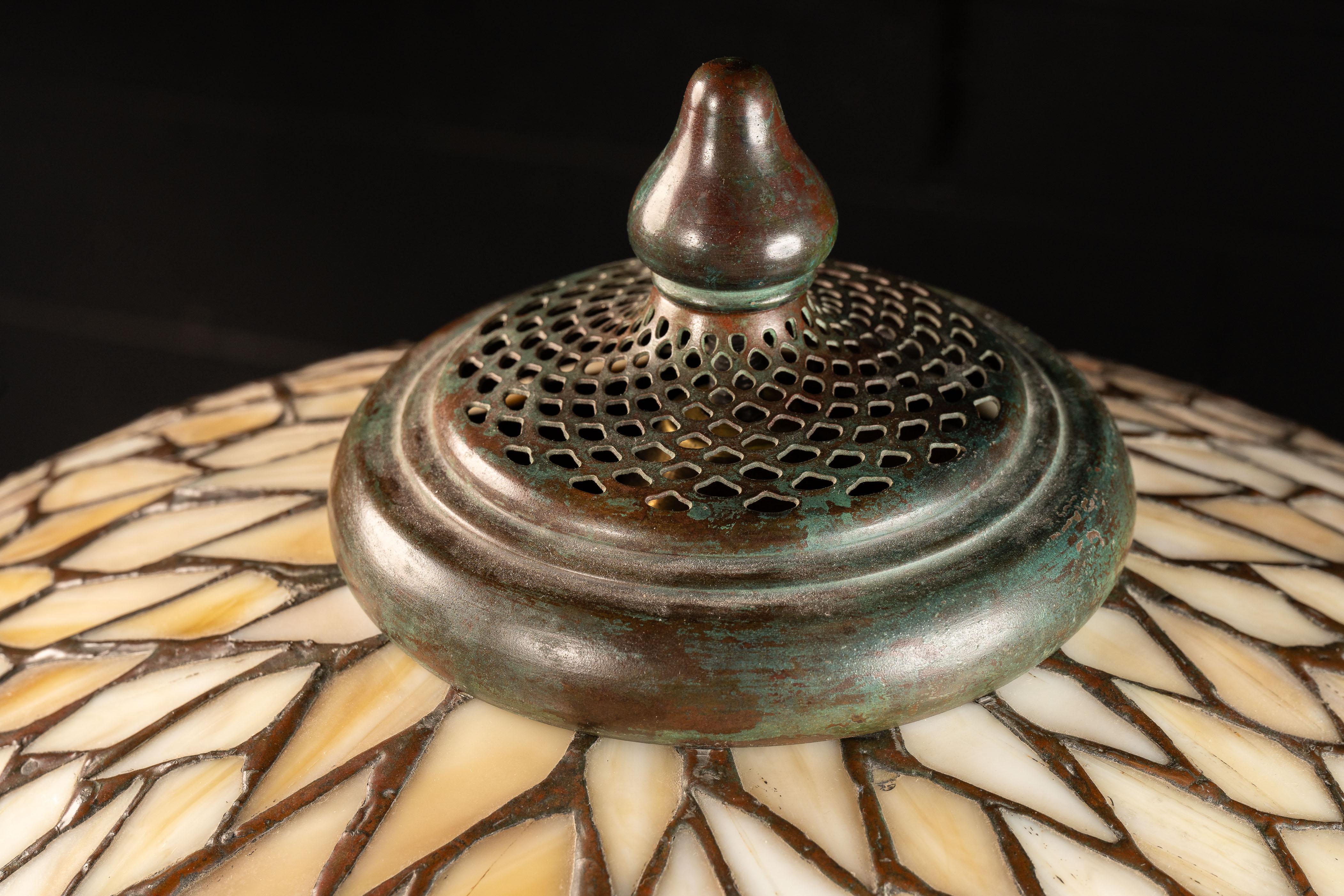 c. 1920 Bronze Handel Table Lamp with Stained Glass Shade For Sale 5
