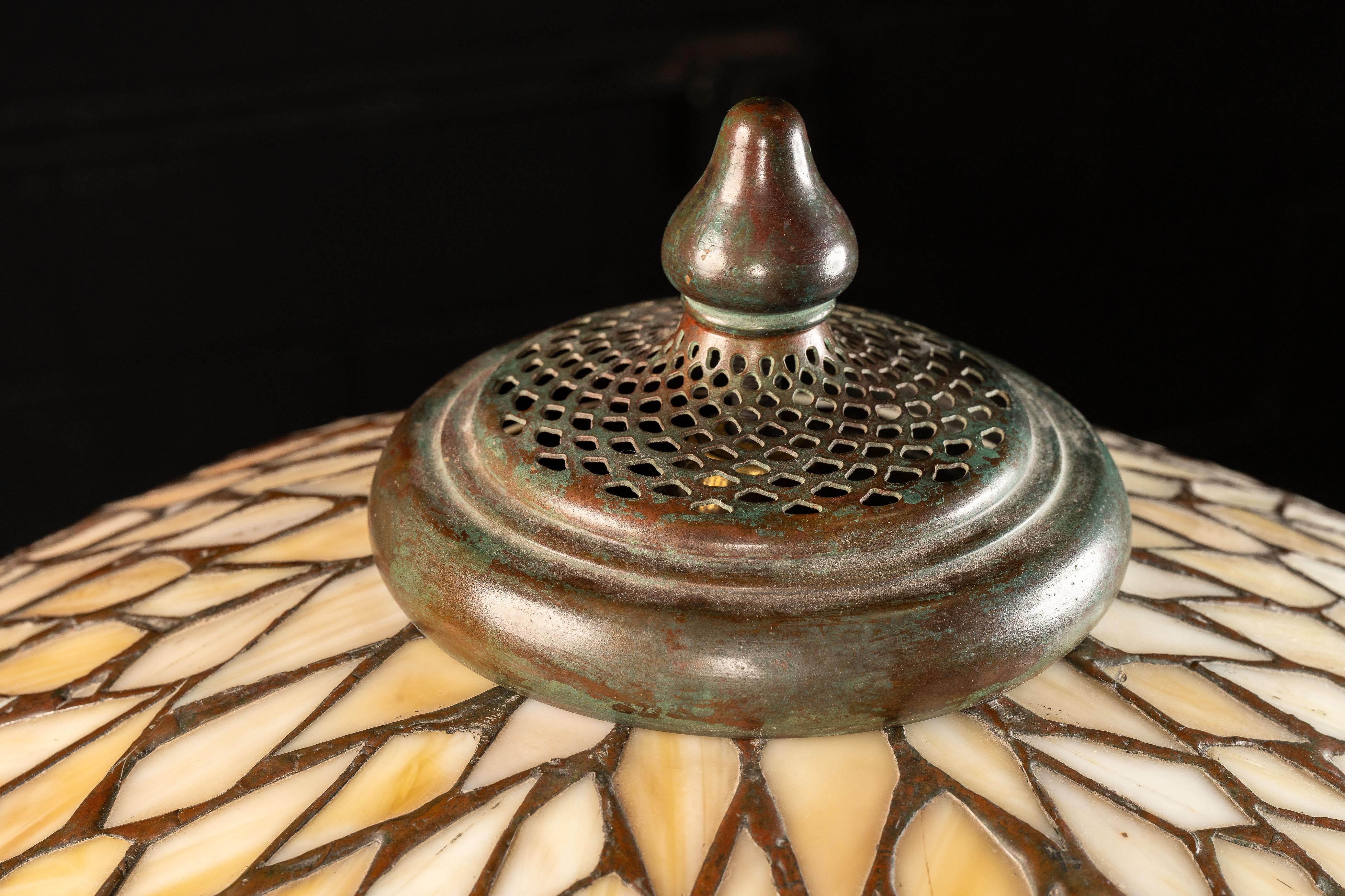 c. 1920 Bronze Handel Table Lamp with Stained Glass Shade For Sale 6