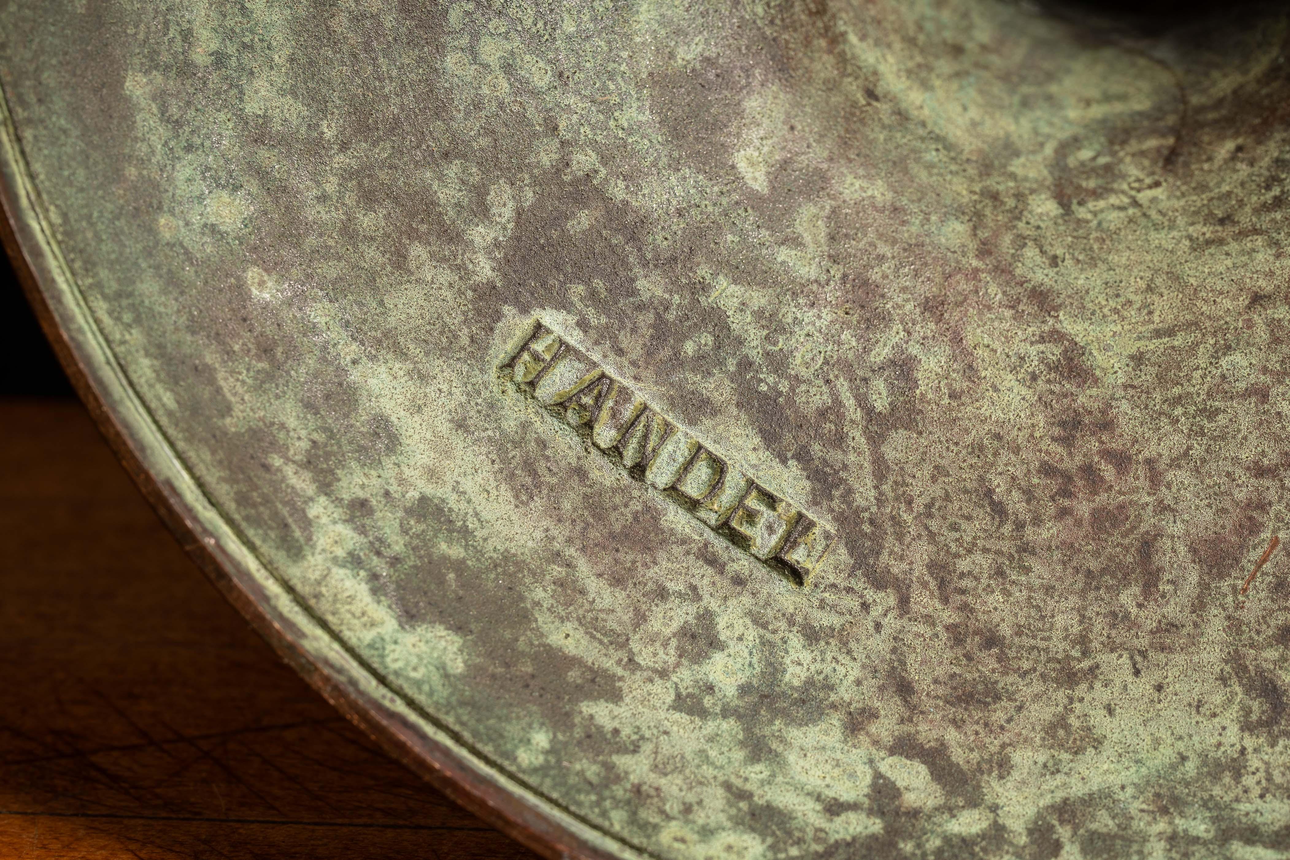 American c. 1920 Bronze Handel Table Lamp with Stained Glass Shade For Sale