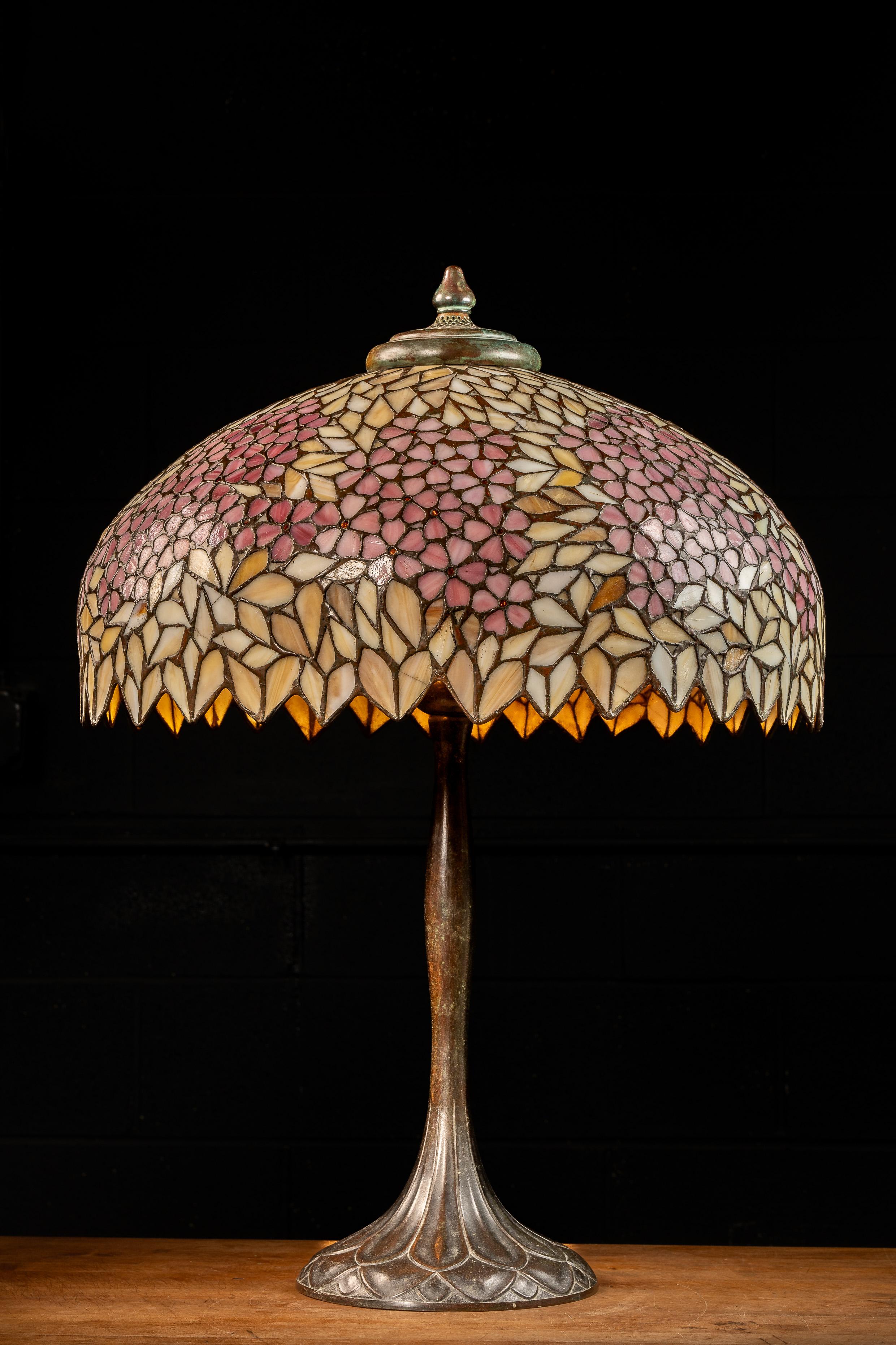 c. 1920 Bronze Handel Table Lamp with Stained Glass Shade For Sale 1