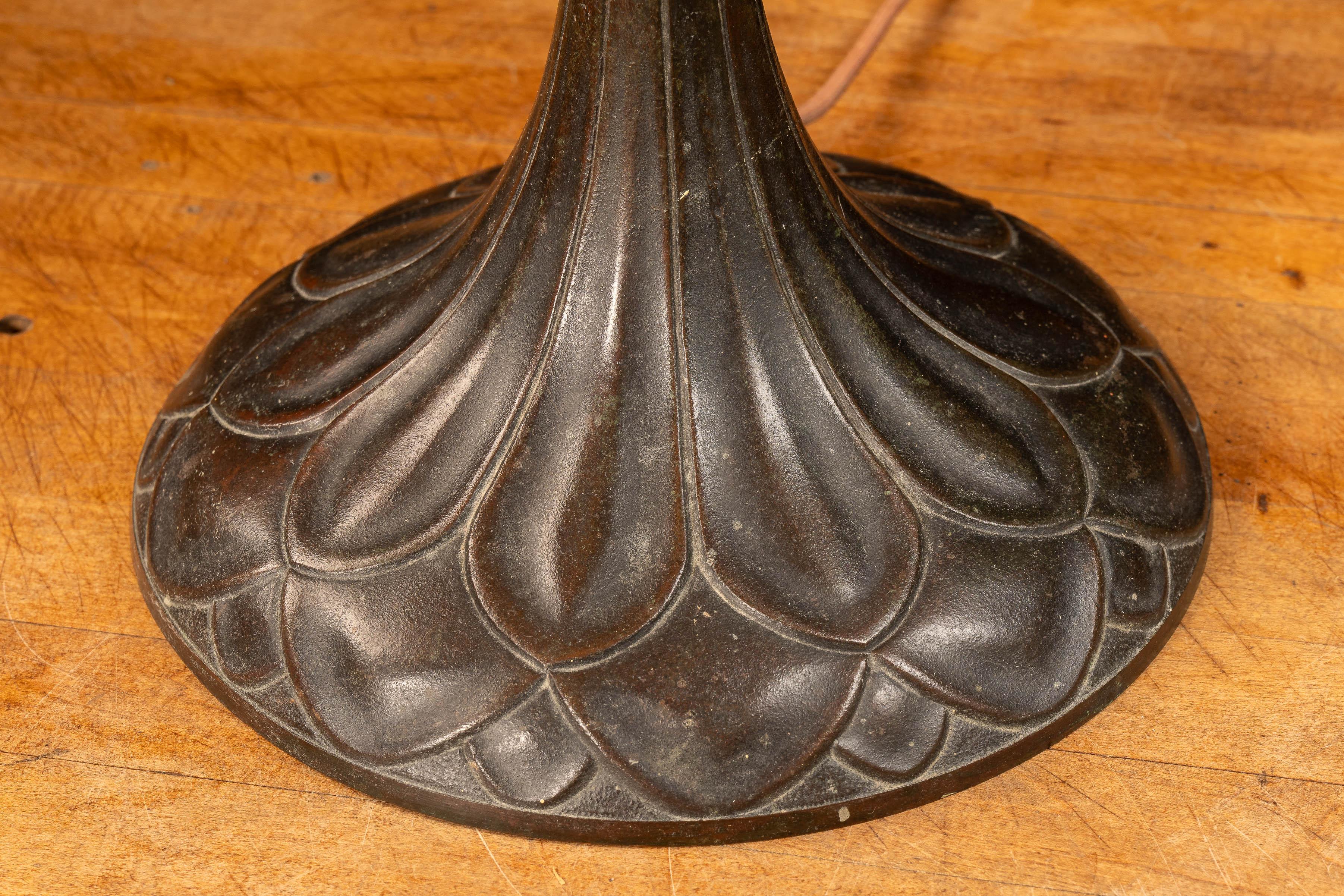 c. 1920 Bronze Handel Table Lamp with Stained Glass Shade For Sale 3