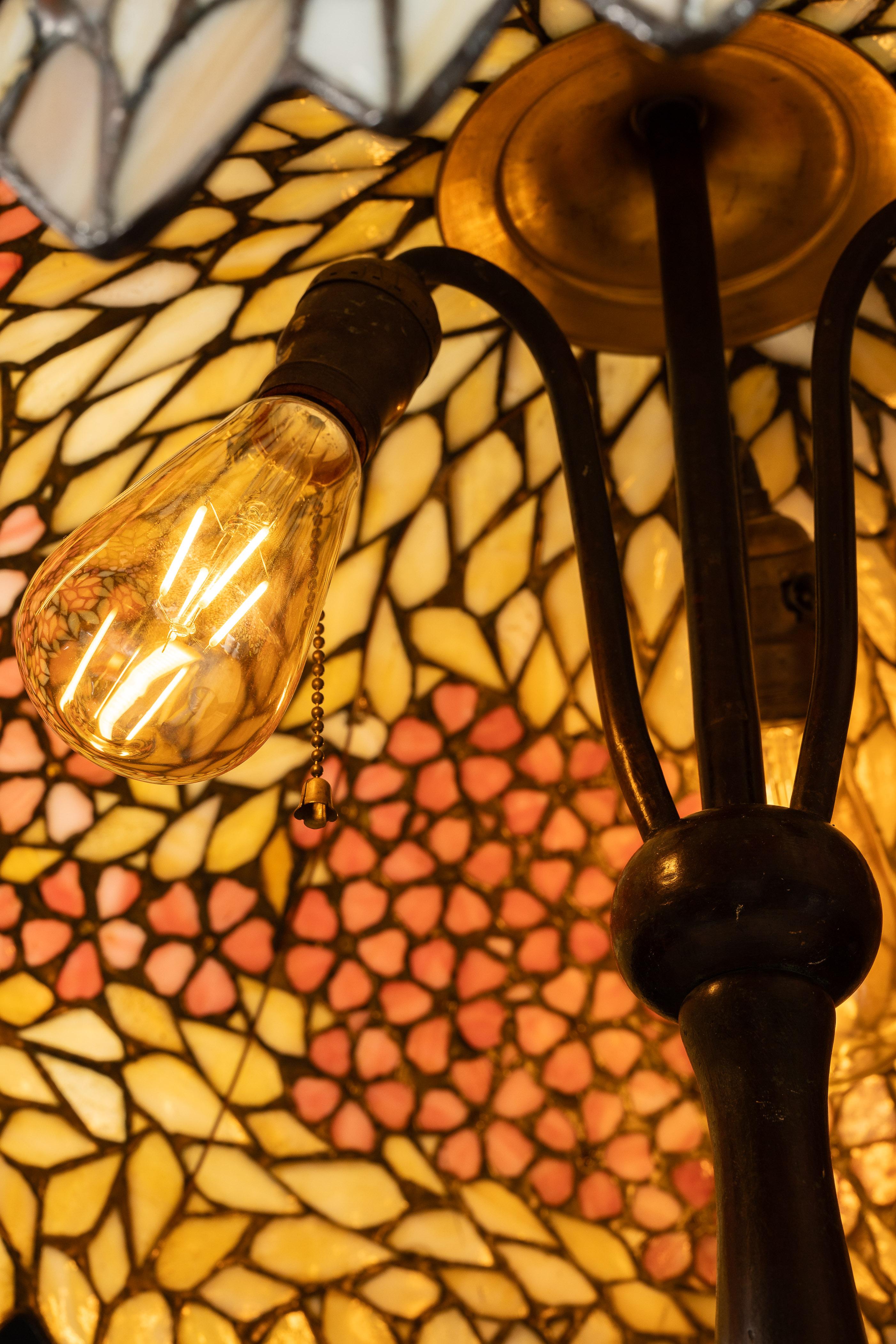c. 1920 Bronze Handel Table Lamp with Stained Glass Shade For Sale 4