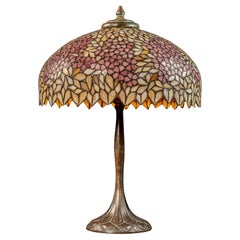 Antique c. 1920 Bronze Handel Table Lamp with Stained Glass Shade