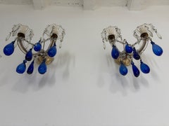 c 1920 Cobalt Mouth Blown Murano Drops Crystal Prisms Sconces One of a kind