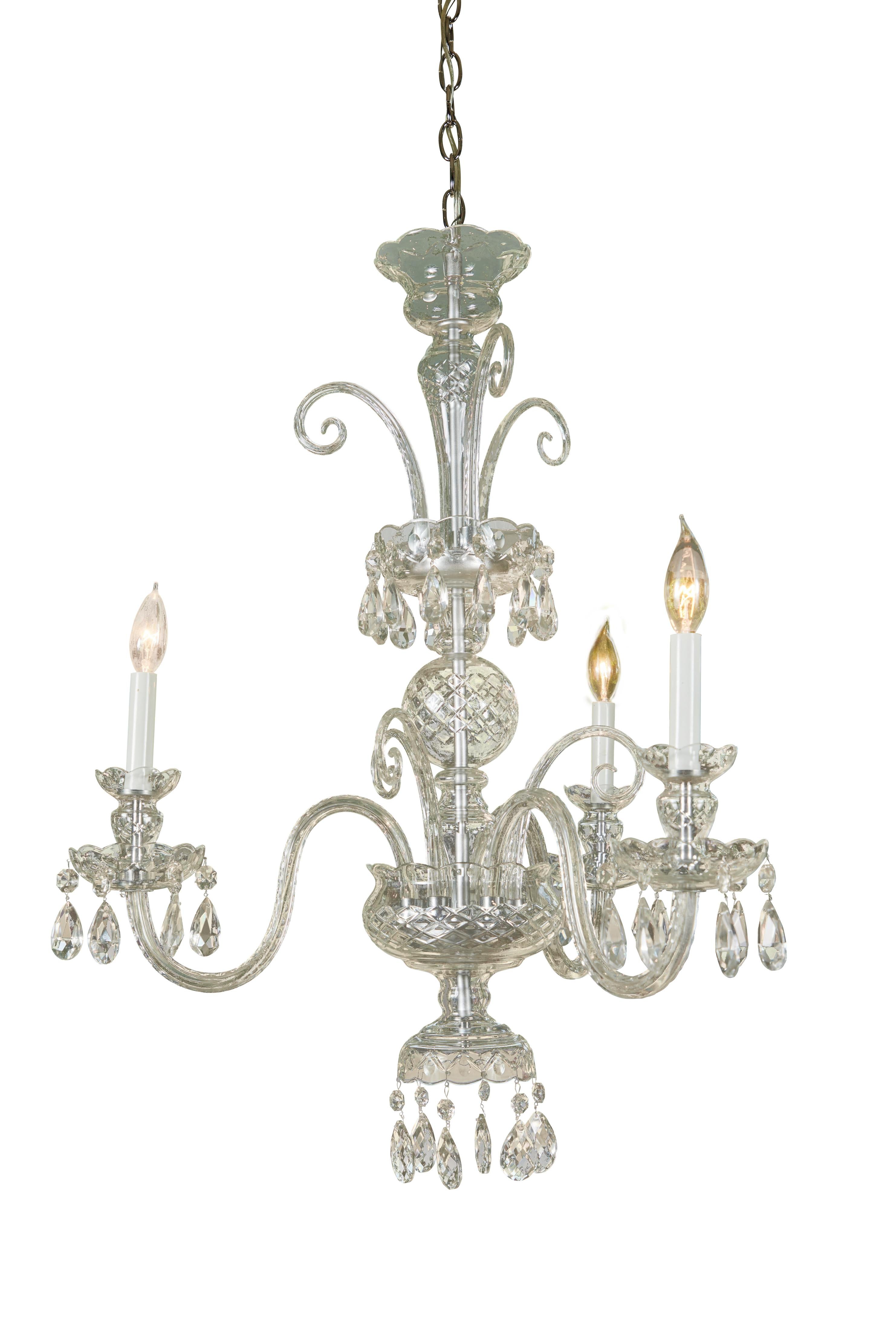 c. 1920 Czechoslovakian crystal 3-arm chandelier with hand blown crystal curled details. Newly wired.

Measures: Approx. 26