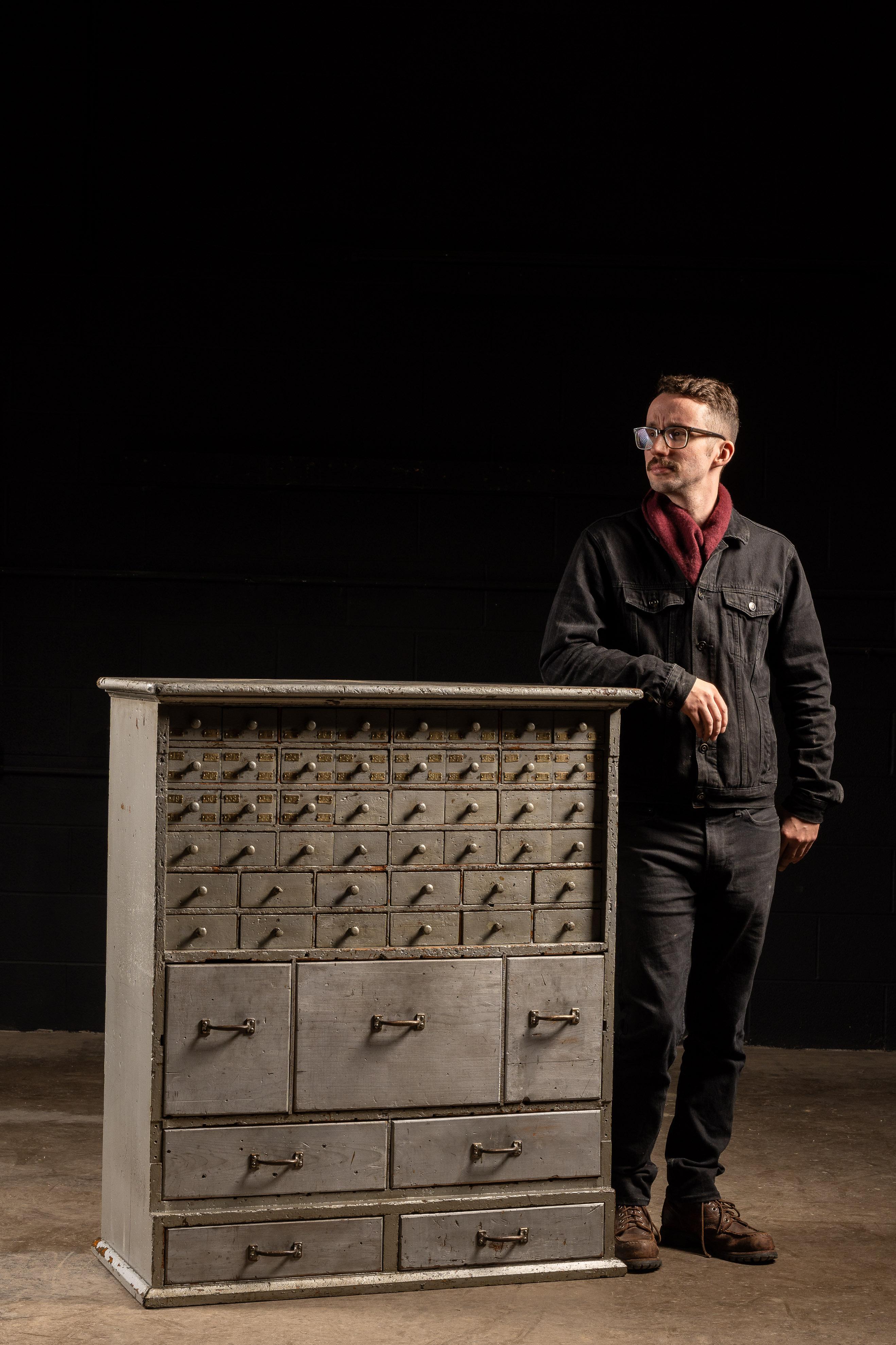 c. 1920 Multi-Drawer Industrial Hardware Cabinet in Gray For Sale 4