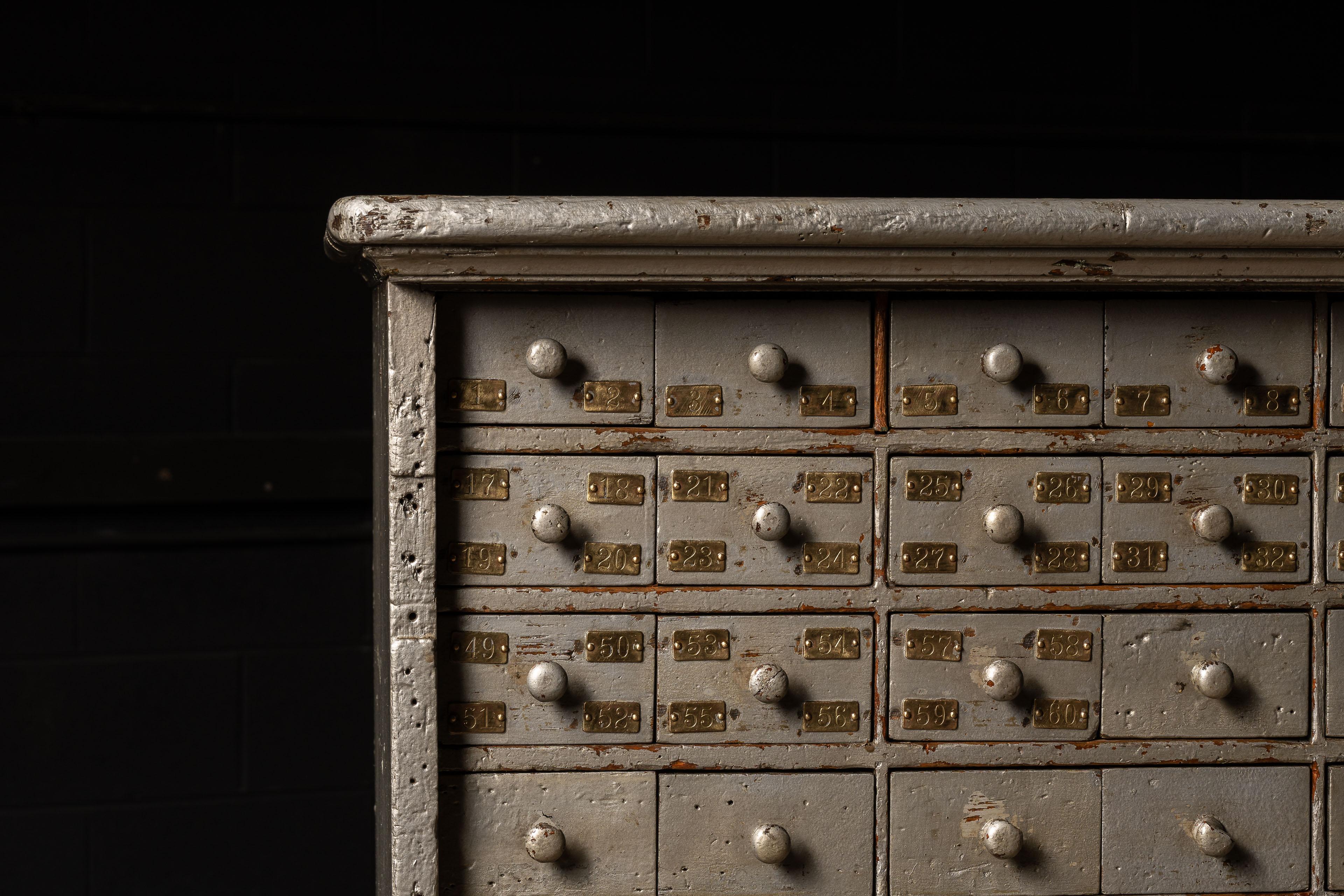 American c. 1920 Multi-Drawer Industrial Hardware Cabinet in Gray For Sale