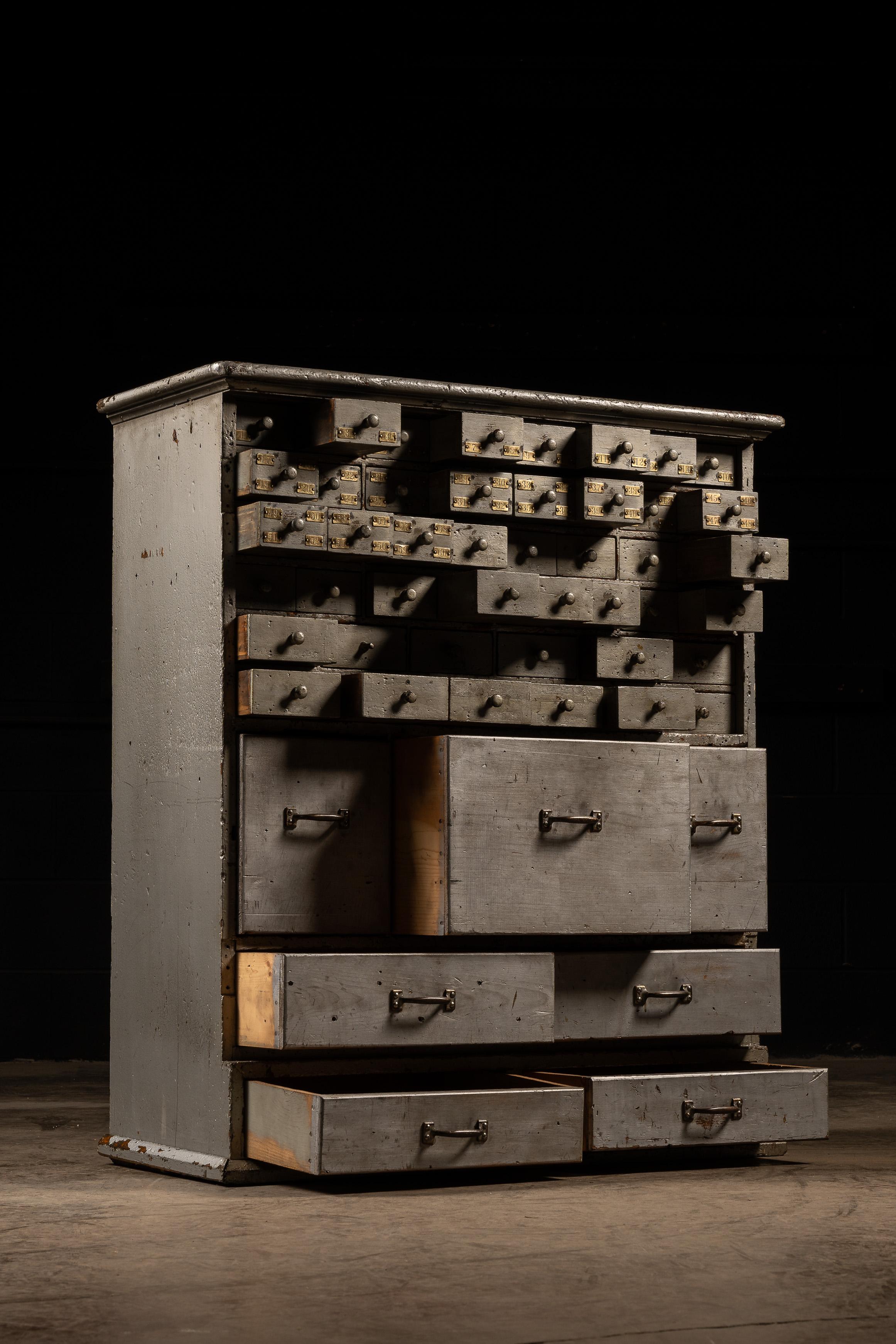 Wood c. 1920 Multi-Drawer Industrial Hardware Cabinet in Gray For Sale