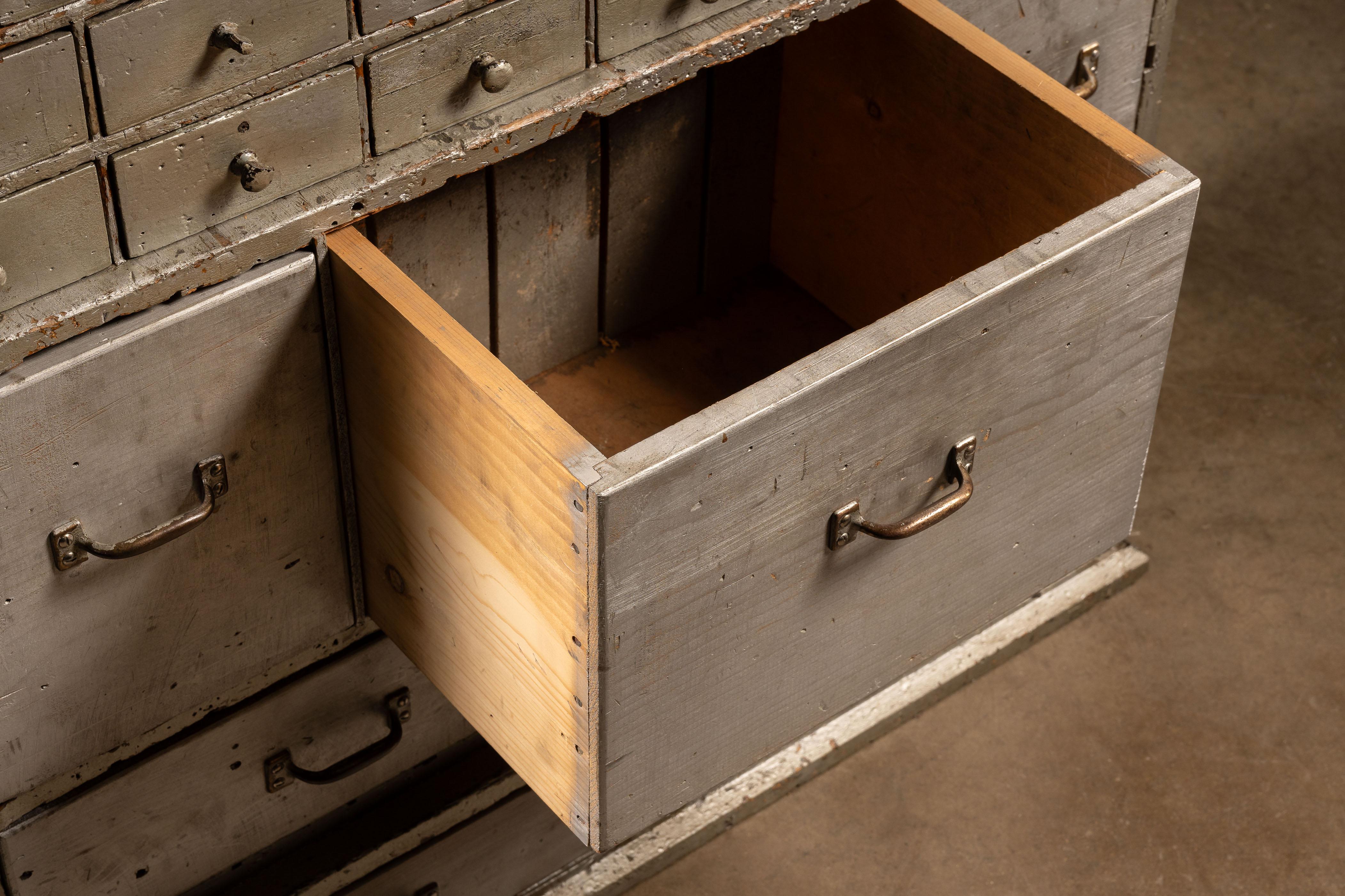 c. 1920 Multi-Drawer Industrial Hardware Cabinet in Gray For Sale 2