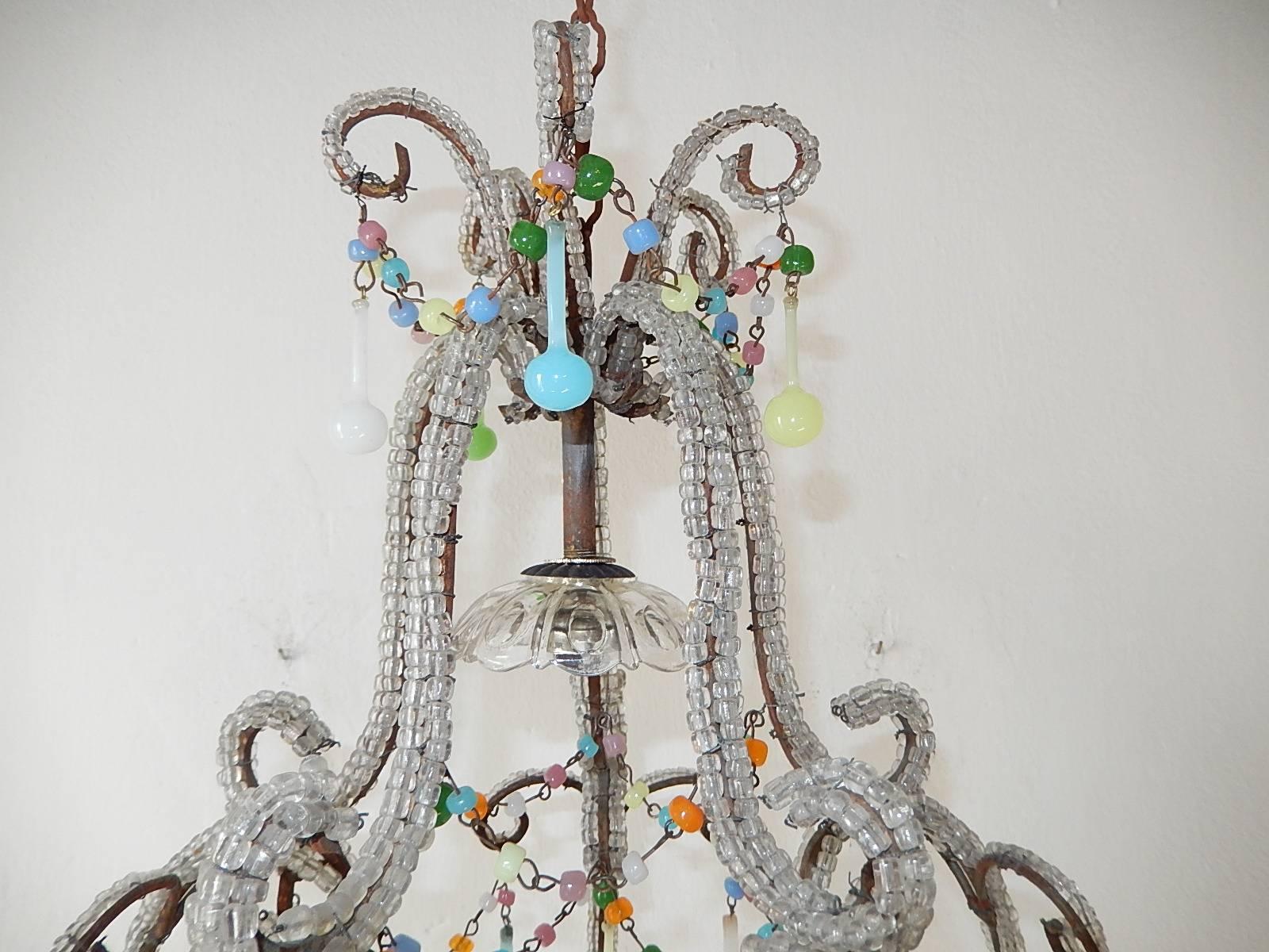 French Rainbow Colors Opaline Drops Beaded Chandelier, circa 1920