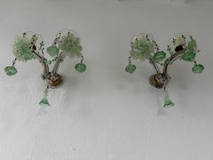 c 1920 Rare Pair Green Murano Flowers Ribbon Crystal Sconces One of Kind