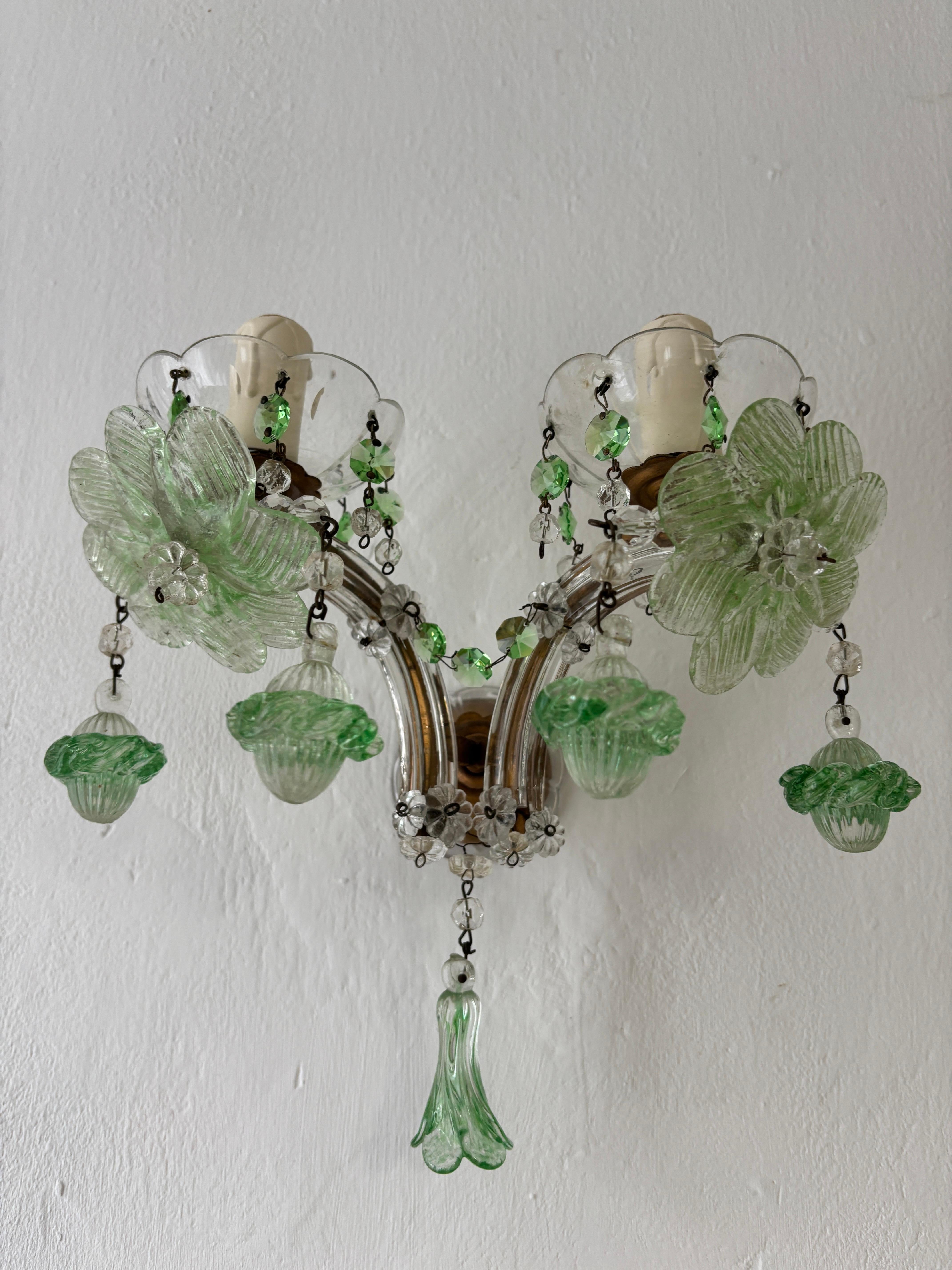 c 1920 Rare Set Four Green Murano Flowers Ribbon Crystal Sconces One of Kind For Sale 5