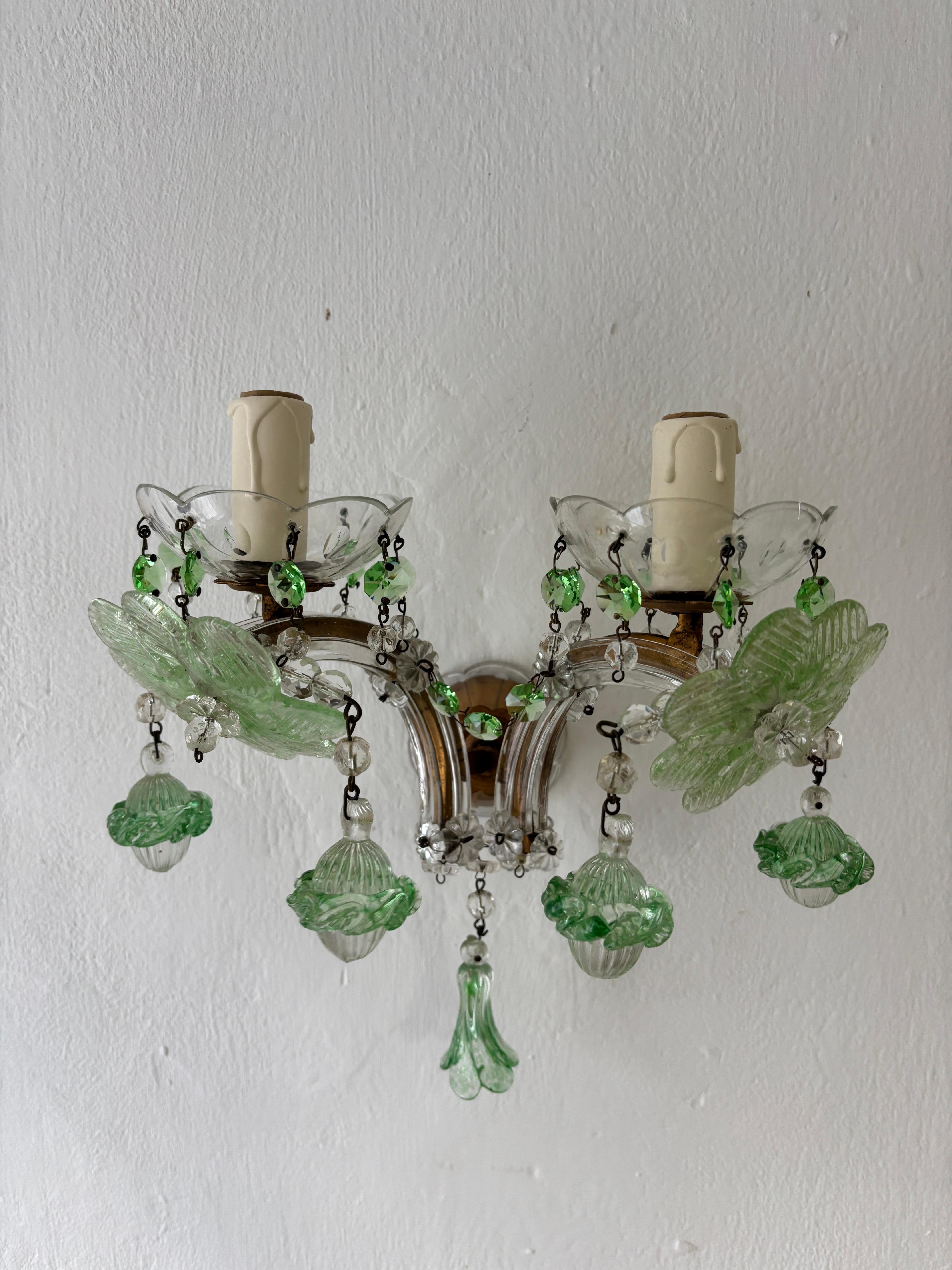 c 1920 Rare Set Four Green Murano Flowers Ribbon Crystal Sconces One of Kind For Sale 6