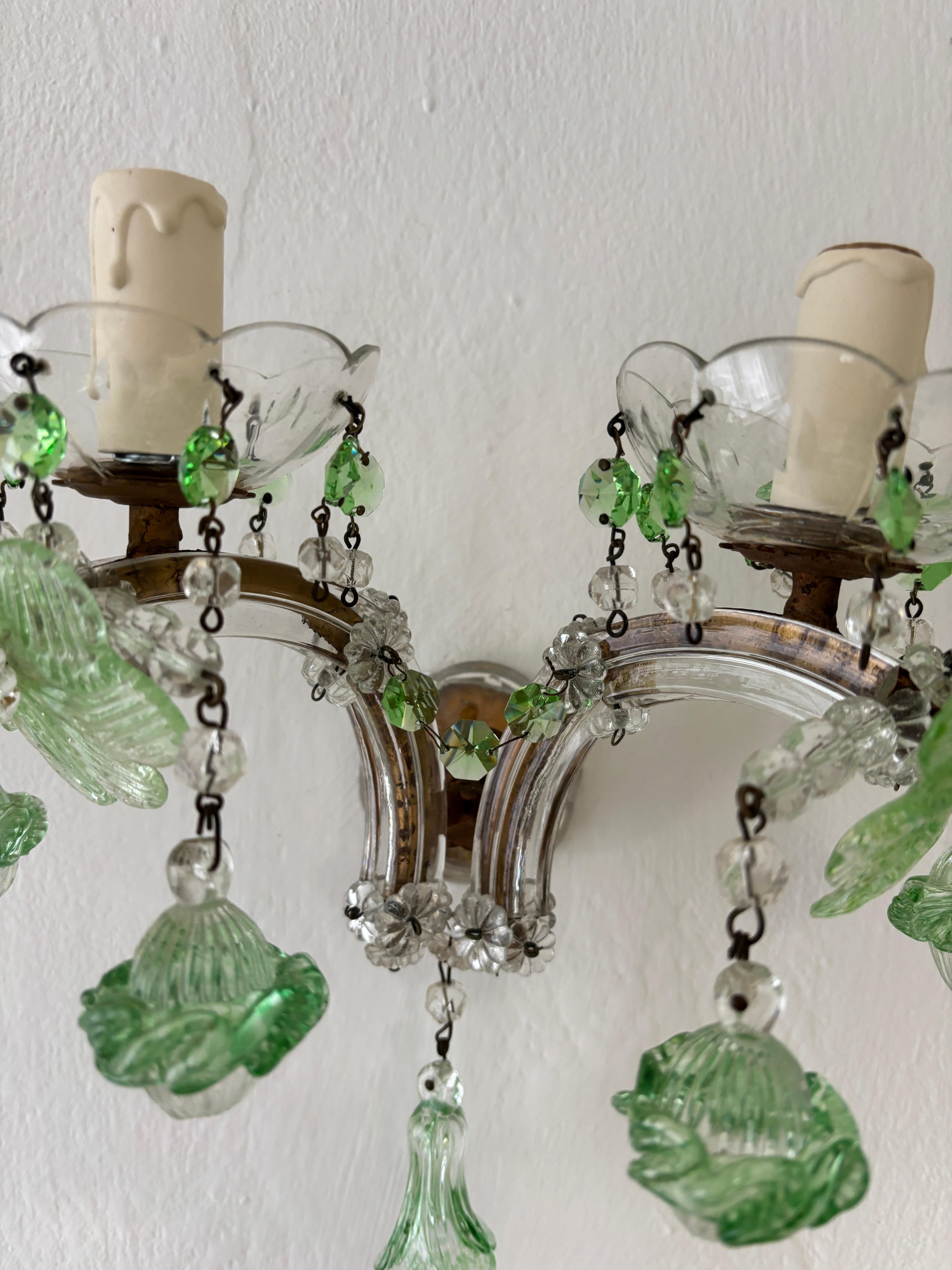 c 1920 Rare Set Four Green Murano Flowers Ribbon Crystal Sconces One of Kind For Sale 7