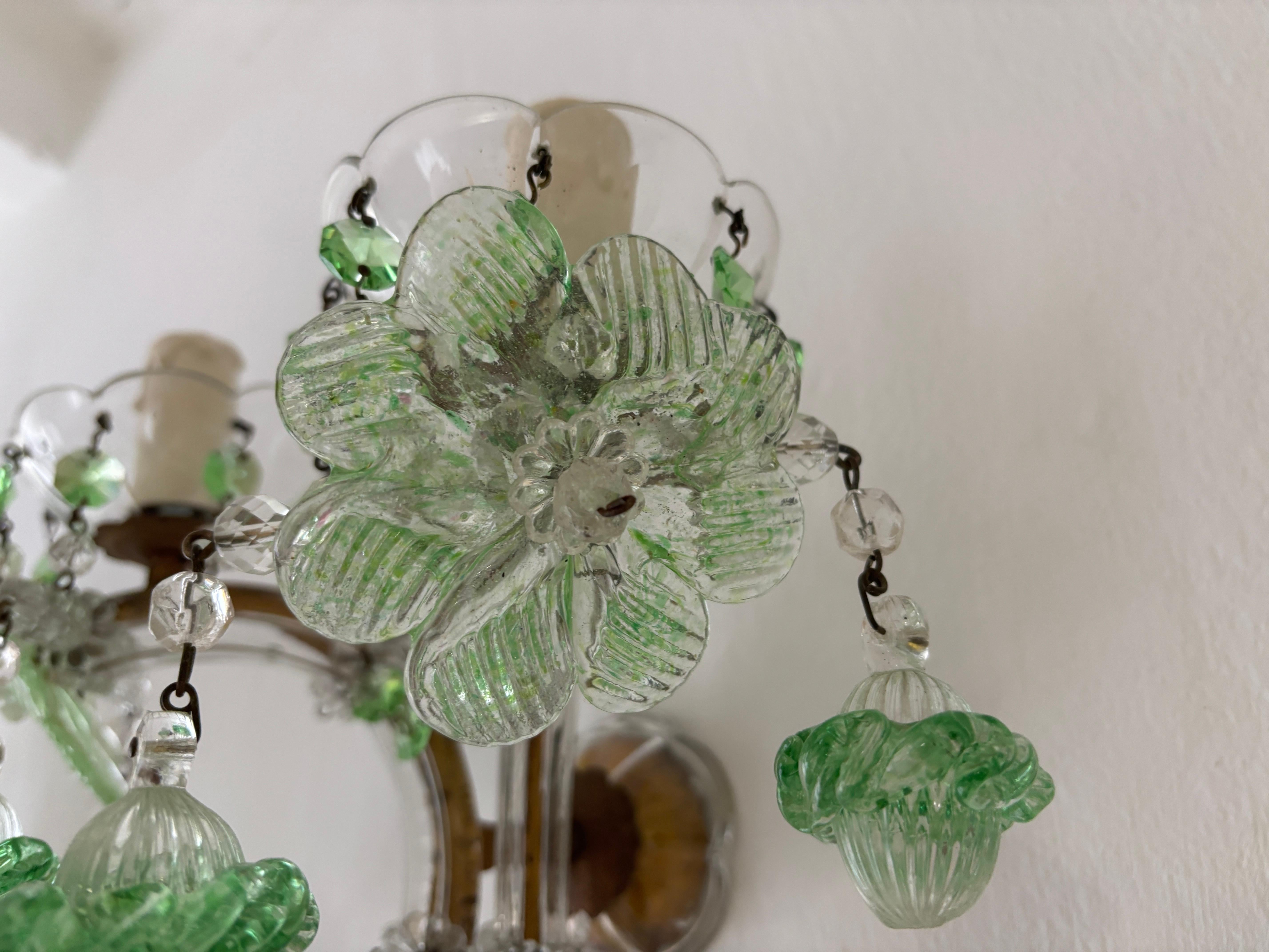 c 1920 Rare Set Four Green Murano Flowers Ribbon Crystal Sconces One of Kind For Sale 8