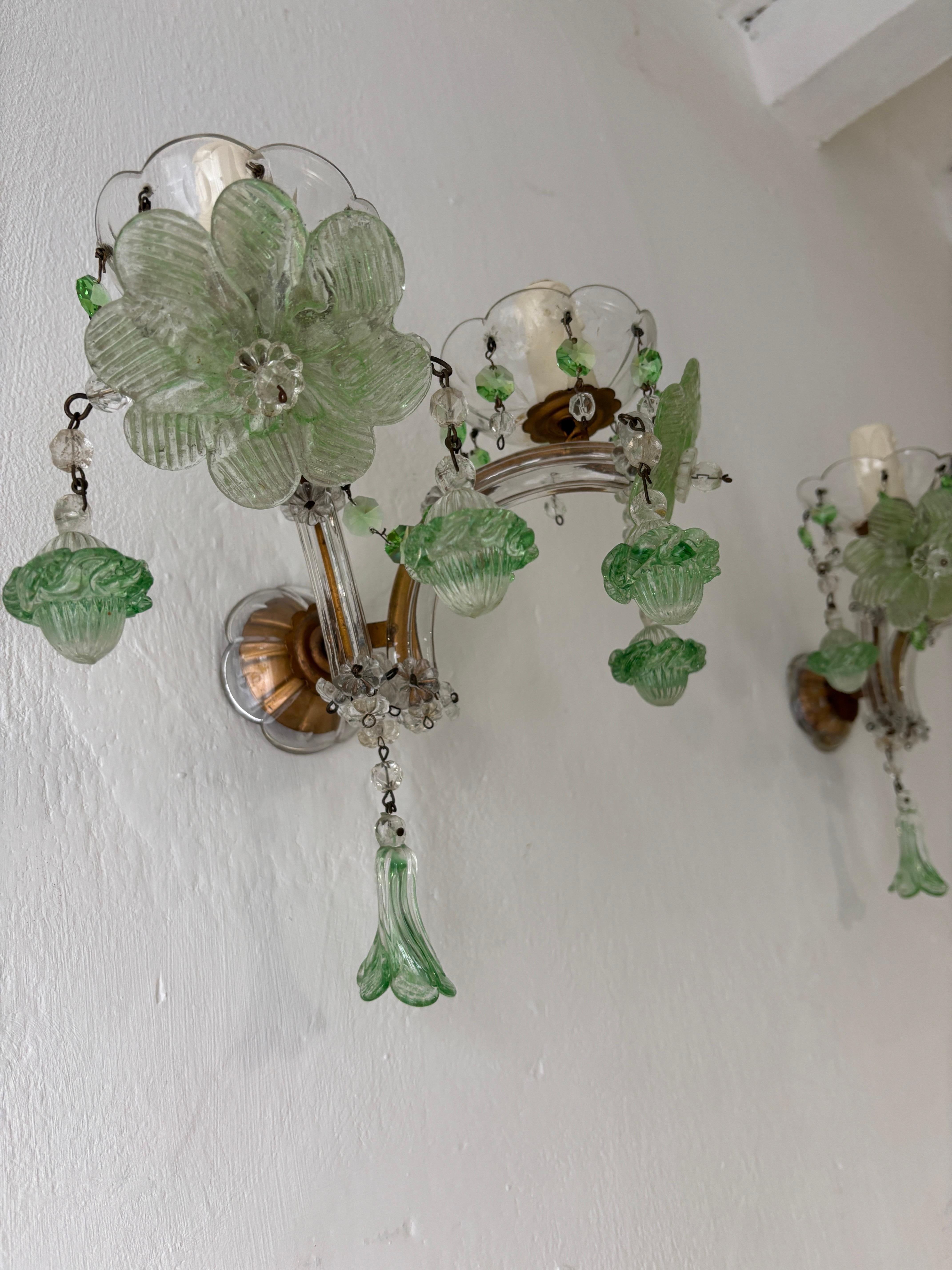 c 1920 Rare Set Four Green Murano Flowers Ribbon Crystal Sconces One of Kind For Sale 9