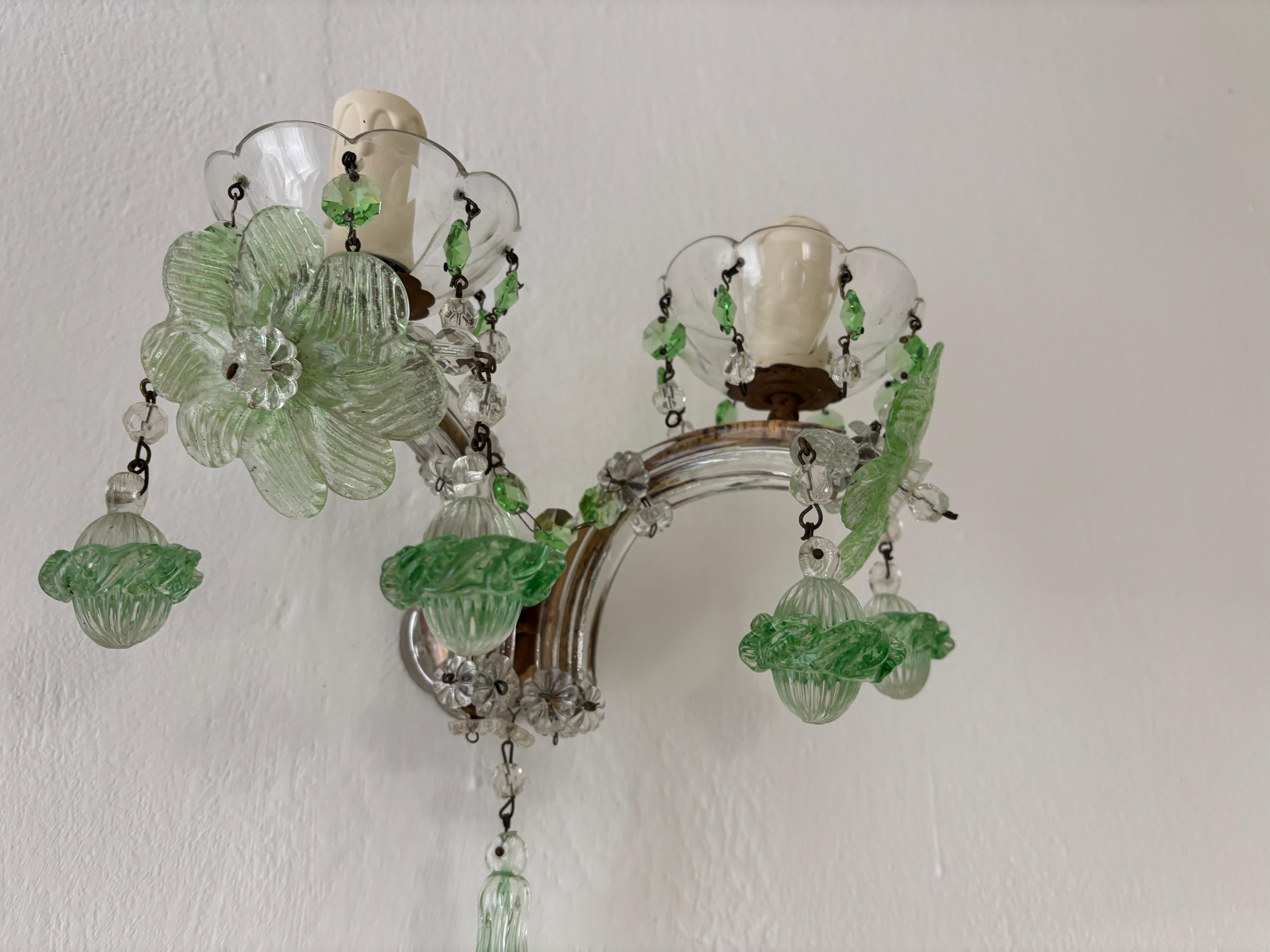 c 1920 Rare Set Four Green Murano Flowers Ribbon Crystal Sconces One of Kind For Sale 10