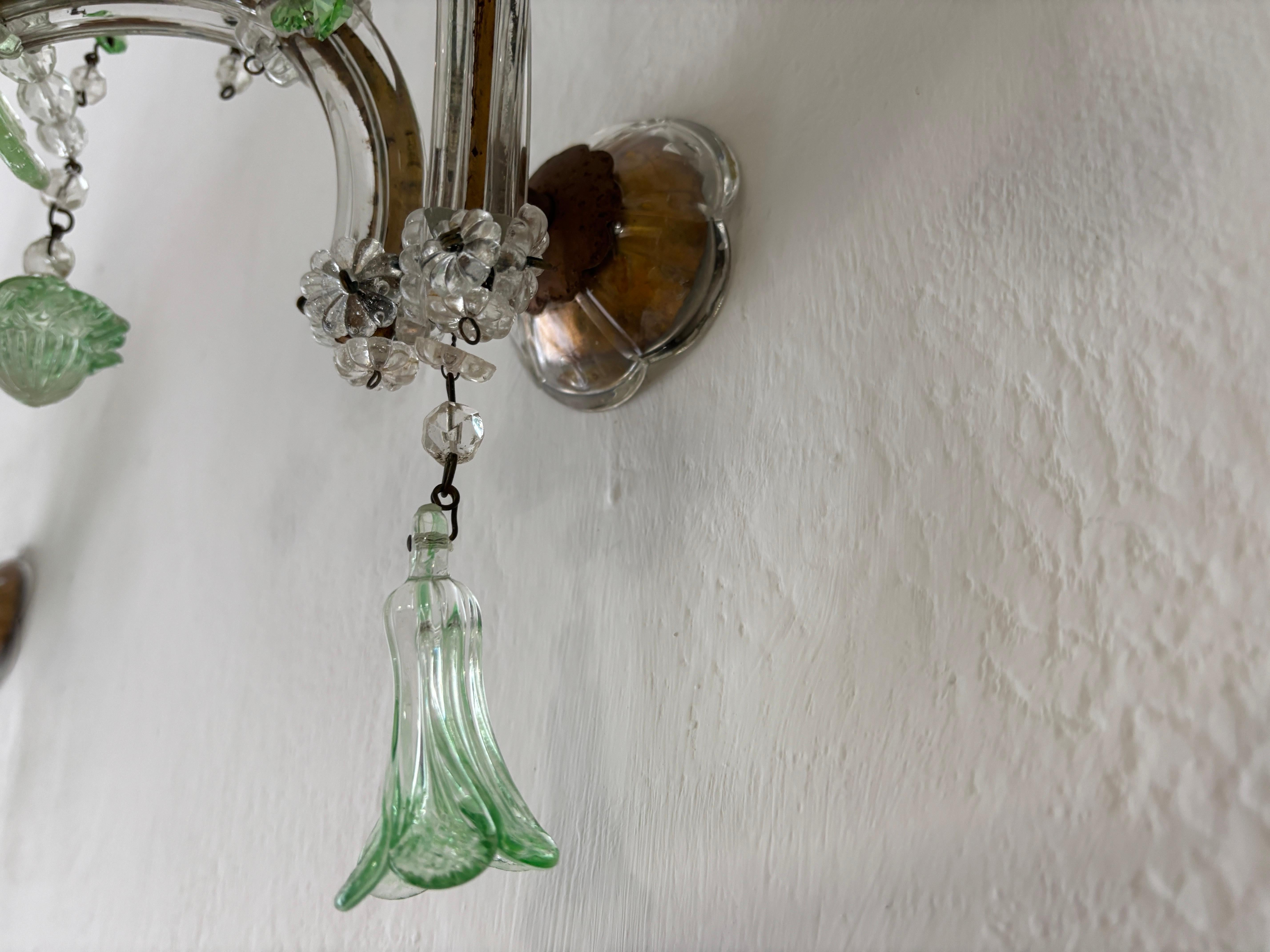 c 1920 Rare Set Four Green Murano Flowers Ribbon Crystal Sconces One of Kind For Sale 11