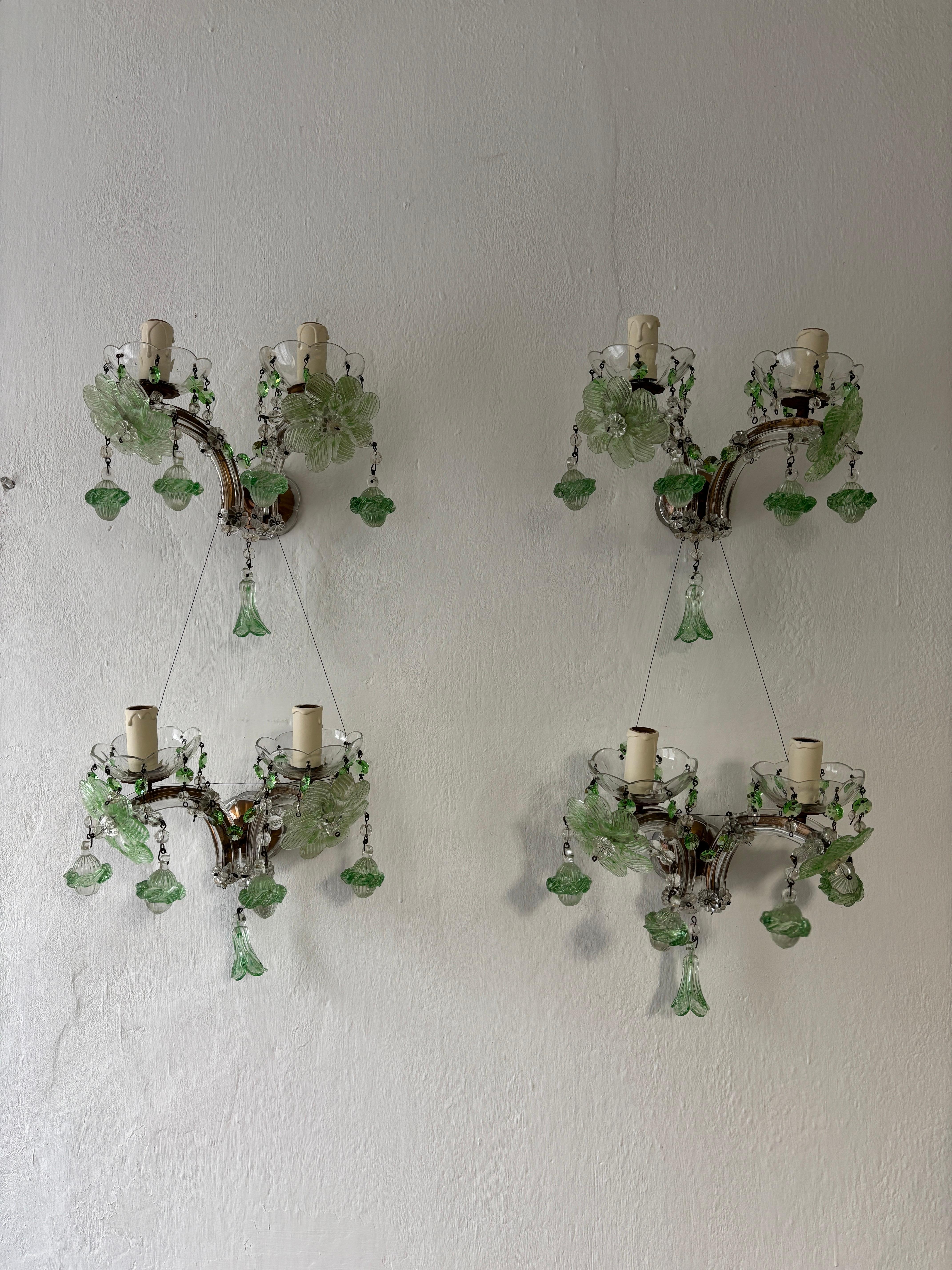 One of a kind set!  Four matching sconces housing two lights each, sitting in crystal bobeches dripping with vintage green crystal prisms and balls. These will be newly rewired with certified US UL sockets for USA and appropriate sockets for all