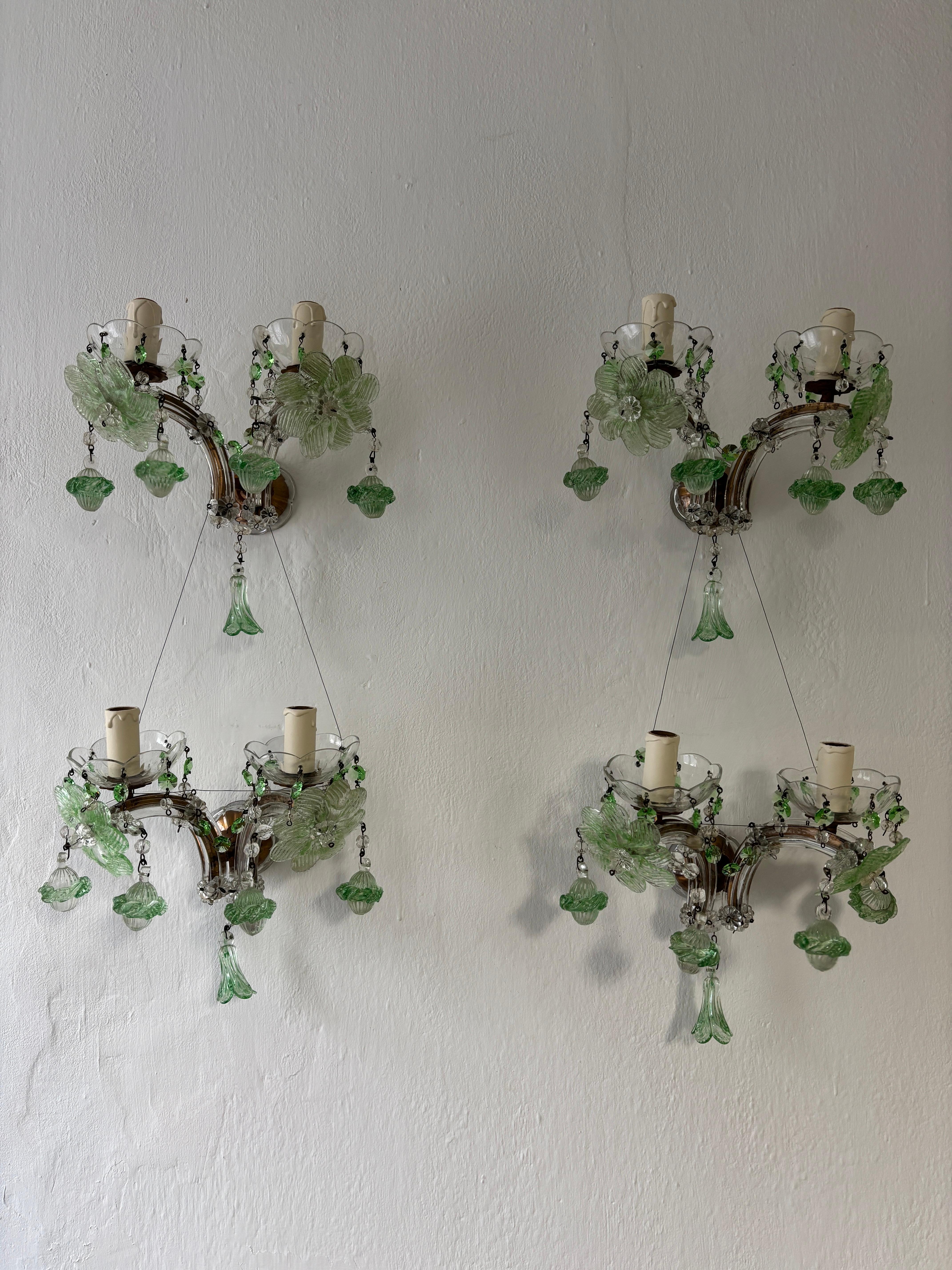 Italian c 1920 Rare Set Four Green Murano Flowers Ribbon Crystal Sconces One of Kind For Sale