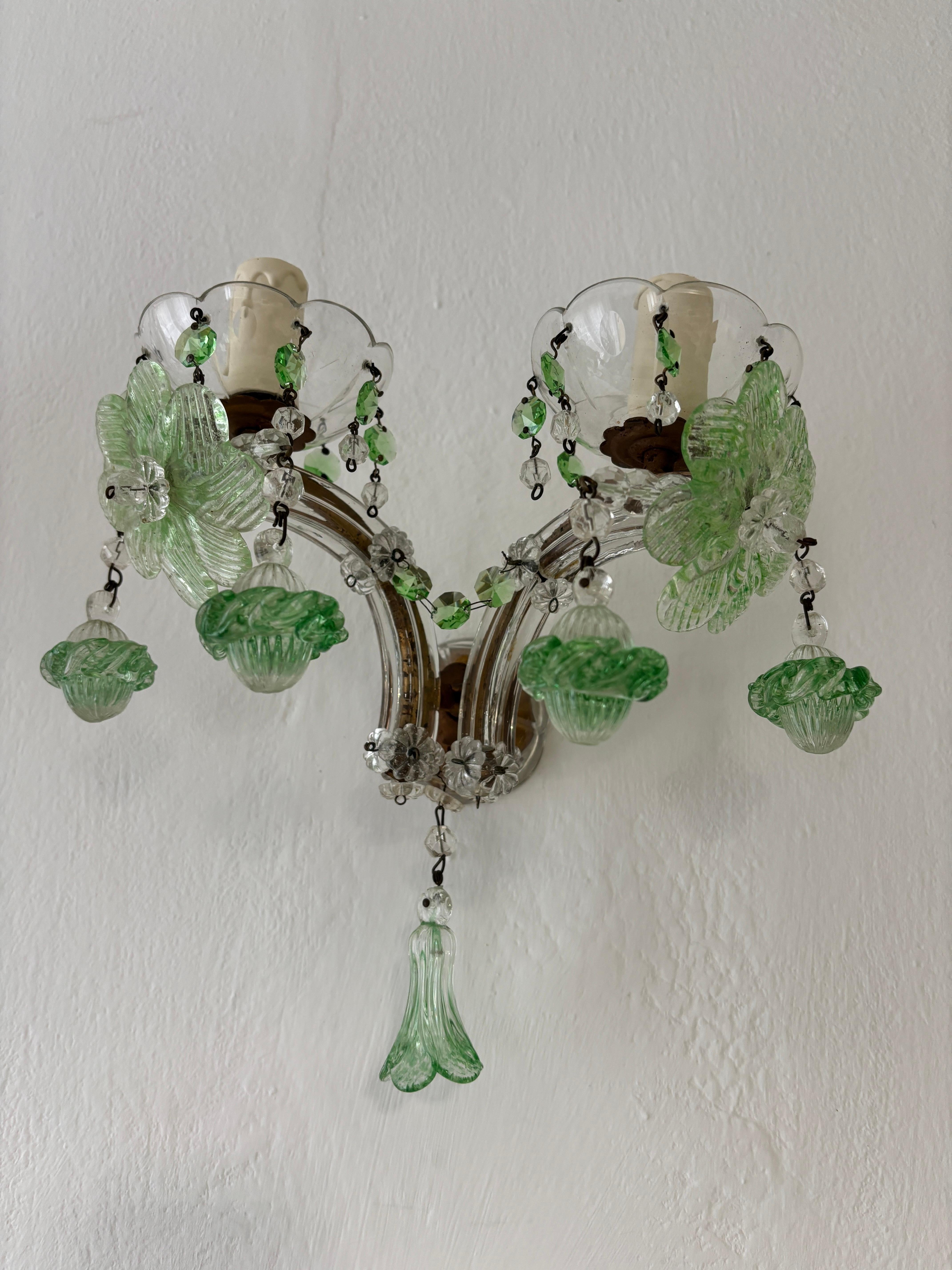 Early 20th Century c 1920 Rare Set Four Green Murano Flowers Ribbon Crystal Sconces One of Kind For Sale