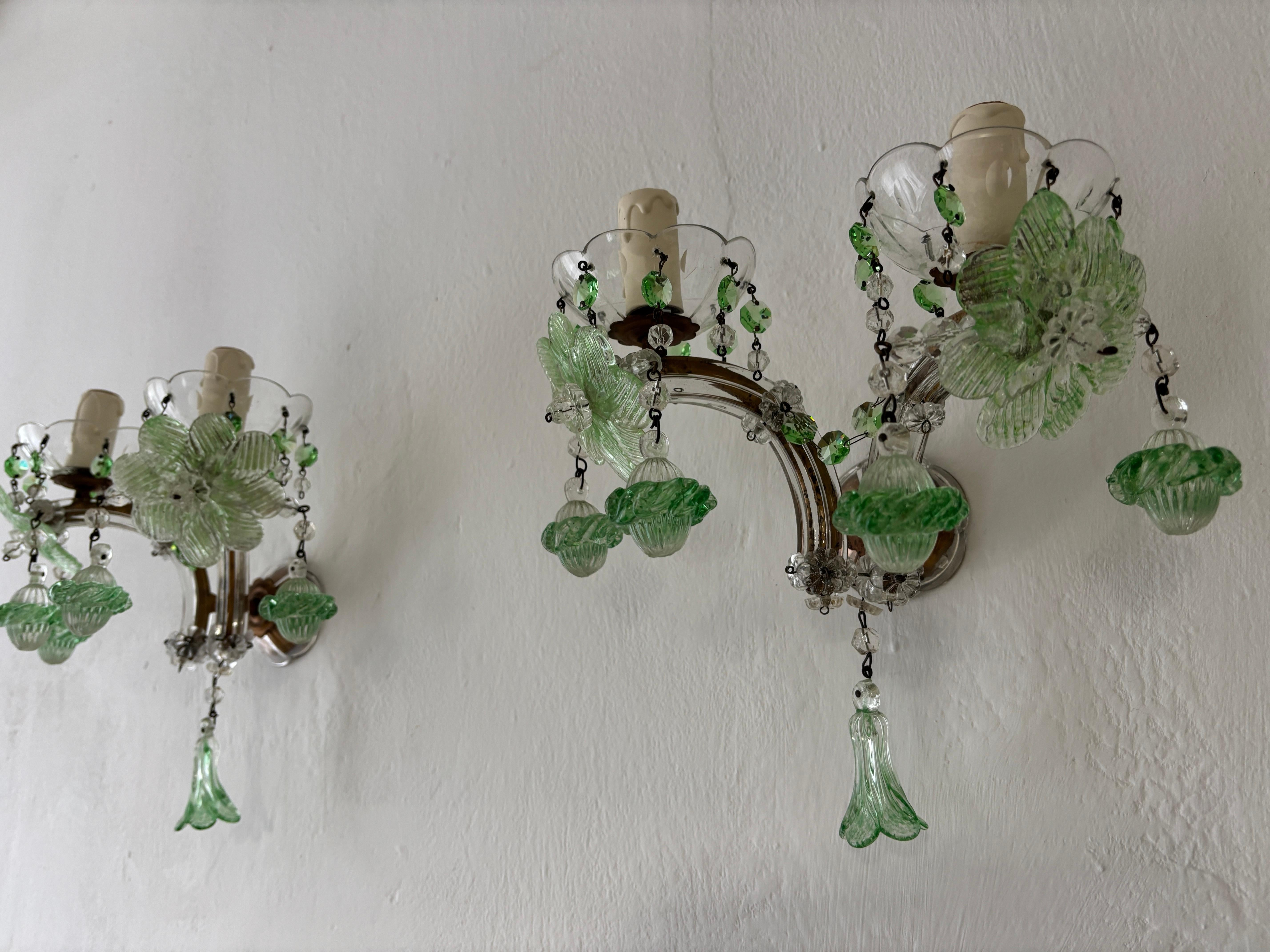 c 1920 Rare Set Four Green Murano Flowers Ribbon Crystal Sconces One of Kind For Sale 1