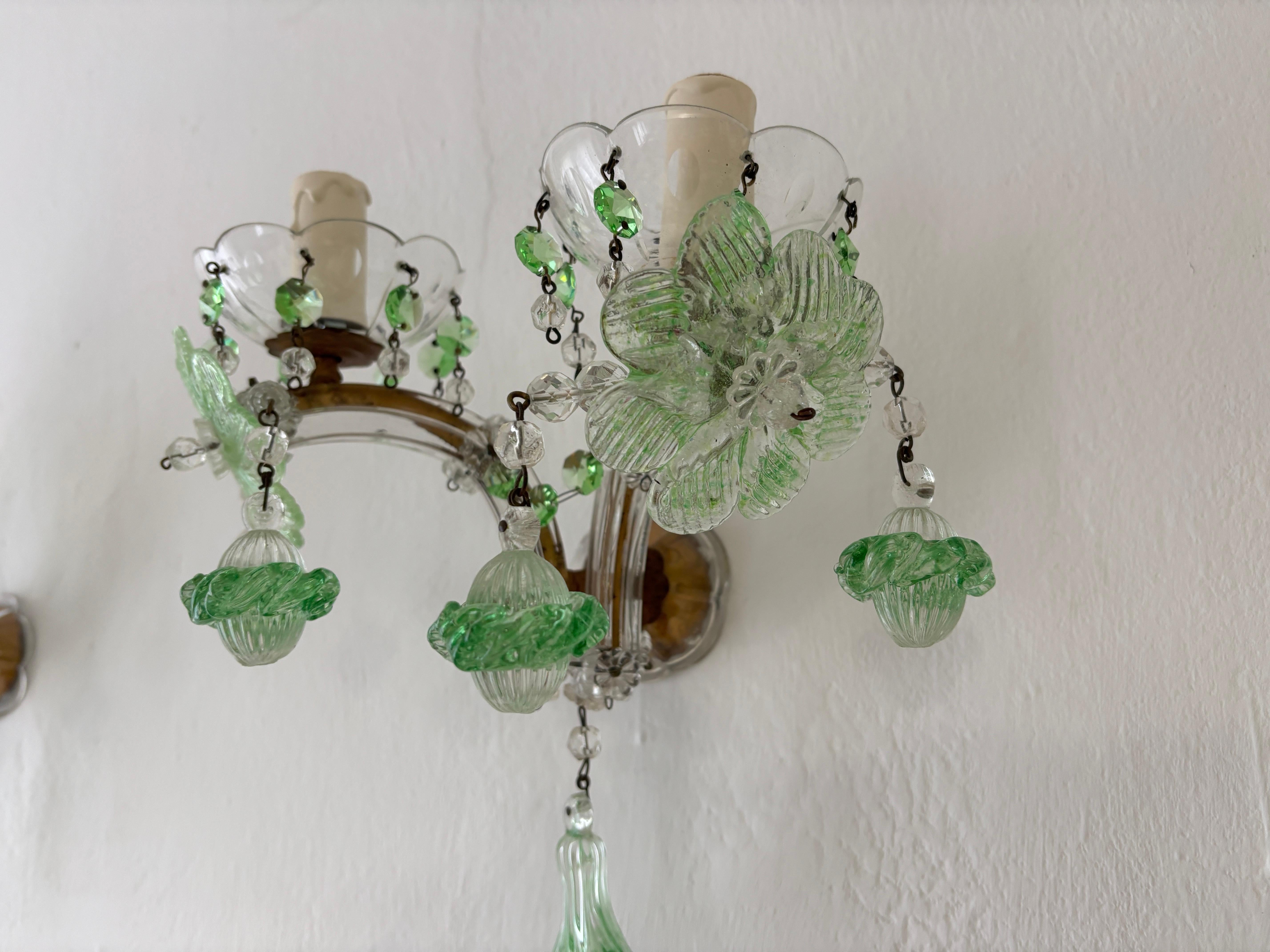 c 1920 Rare Set Four Green Murano Flowers Ribbon Crystal Sconces One of Kind For Sale 2