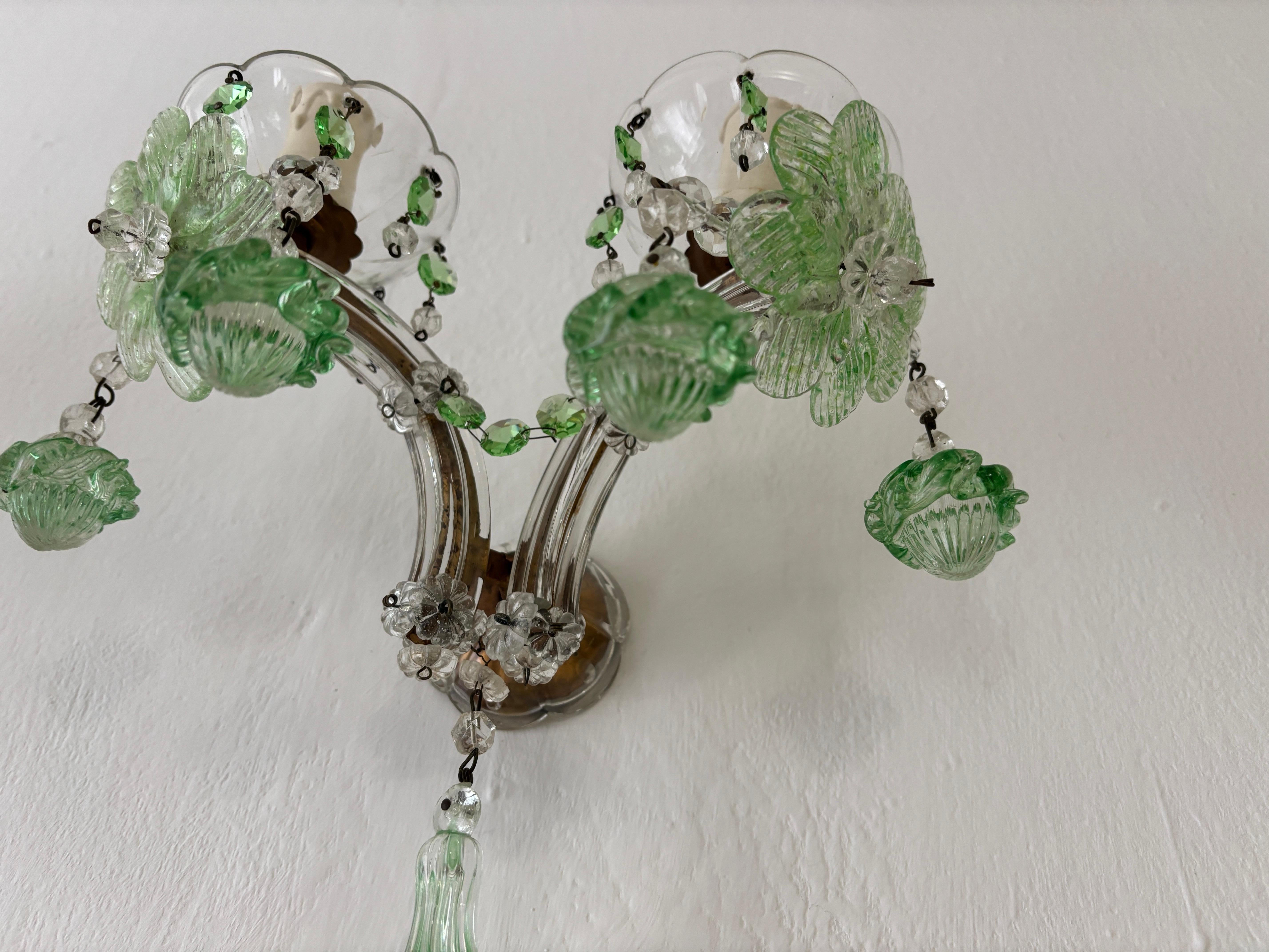 c 1920 Rare Set Four Green Murano Flowers Ribbon Crystal Sconces One of Kind For Sale 3