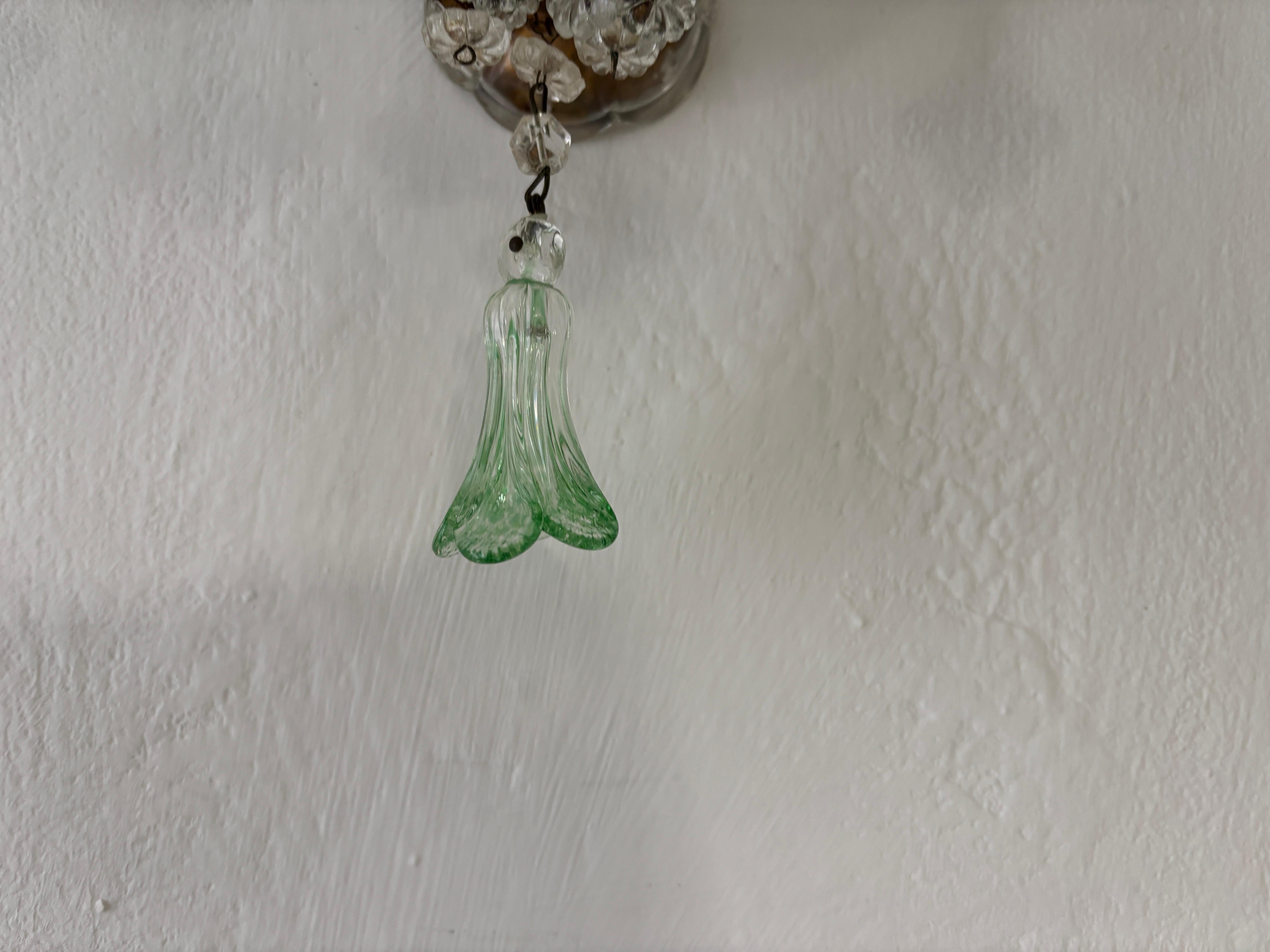 c 1920 Rare Set Four Green Murano Flowers Ribbon Crystal Sconces One of Kind For Sale 4