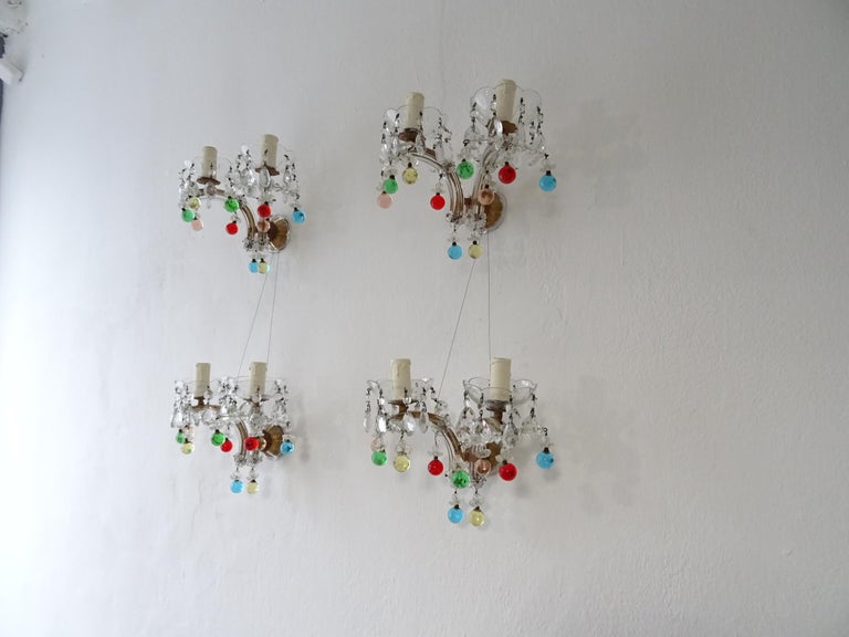 c 1920 Rare Set Four Murano Glass Color Balls Crystal Prisms Sconces