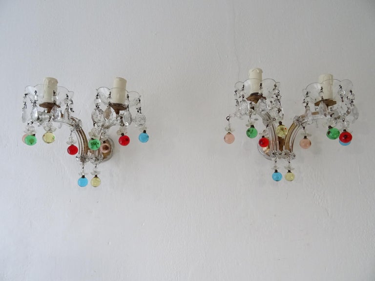 c 1920 Rare Set Four Murano Glass Color Balls Crystal Prisms Sconces