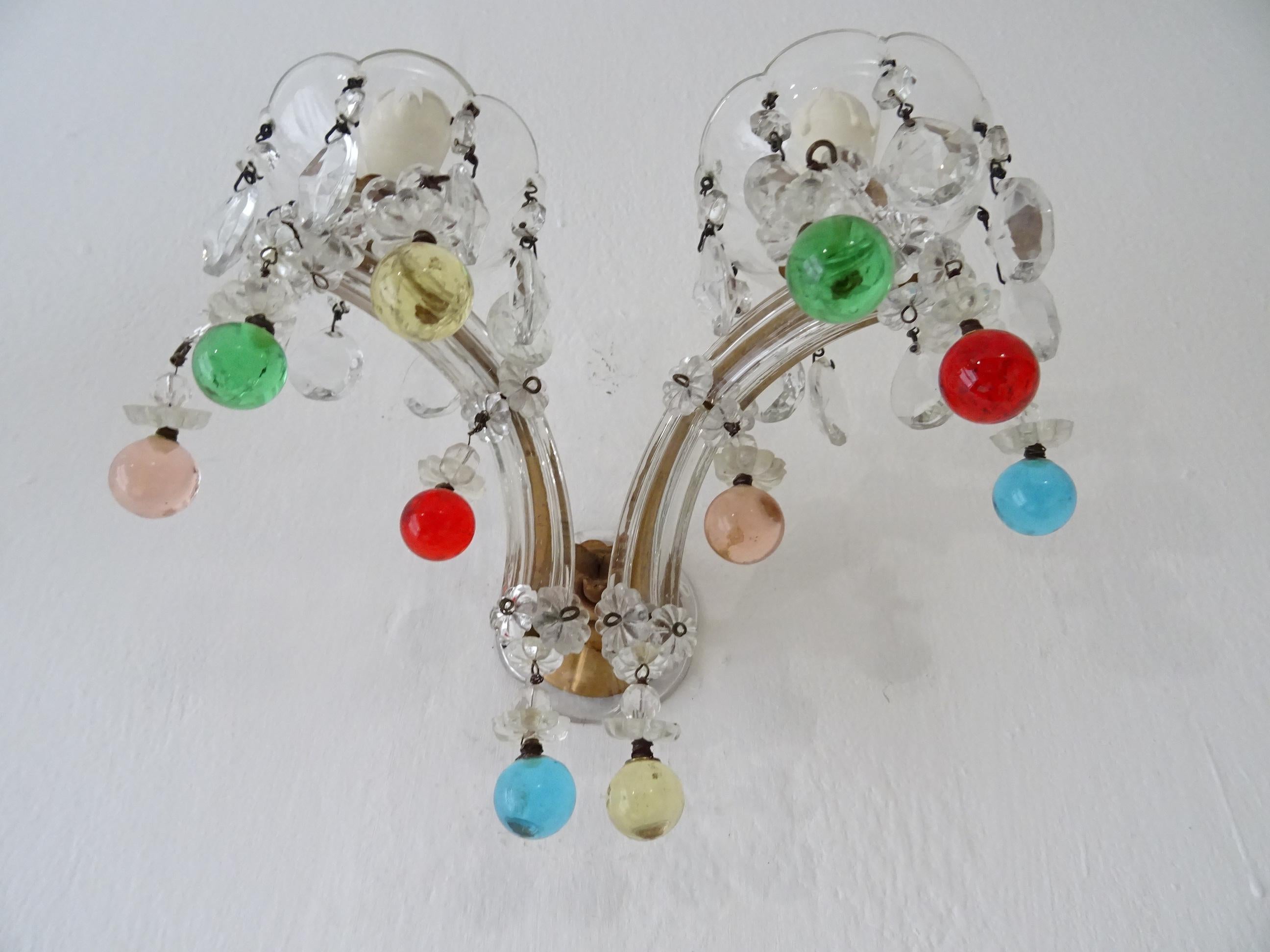 Early 20th Century c 1920 Rare Set Four Murano Glass Color Balls Crystal Prisms Sconces For Sale