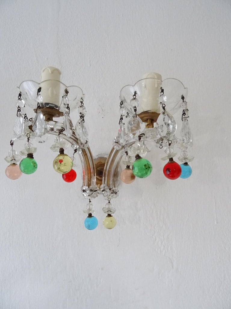 c 1920 Rare Set Four Murano Glass Color Balls Crystal Prisms Sconces