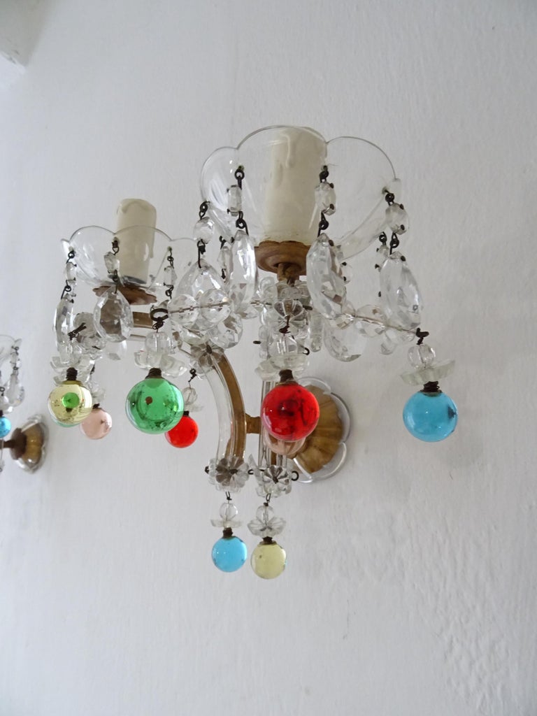c 1920 Rare Set Four Murano Glass Color Balls Crystal Prisms Sconces
