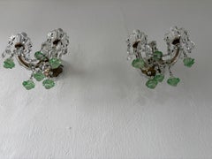 c 1920 Rare Set Green Murano Flowers Ribbon Crystal Sconces One of Kind