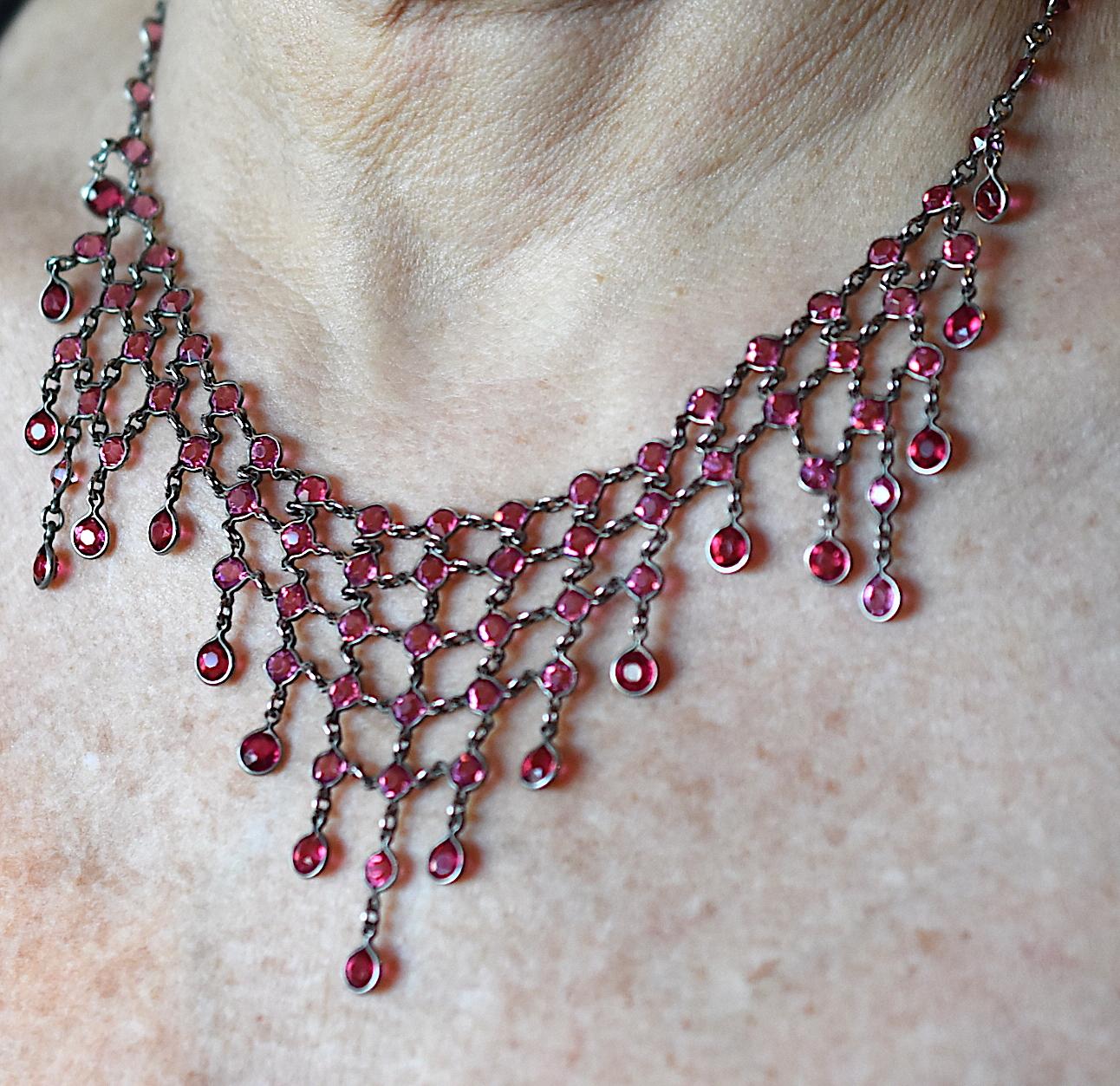 Red Paste and Metal Fringe Necklace, circa 1920 In Excellent Condition In Baltimore, MD