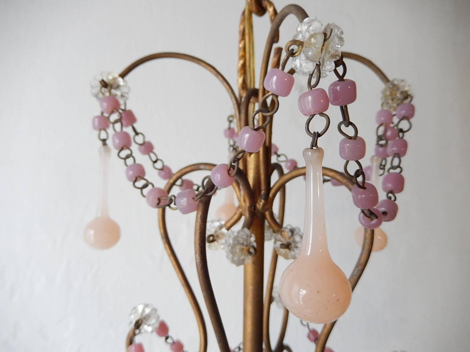 Set of Two Pink Opaline Drops and Beads Petit Chandeliers, circa 1920 4
