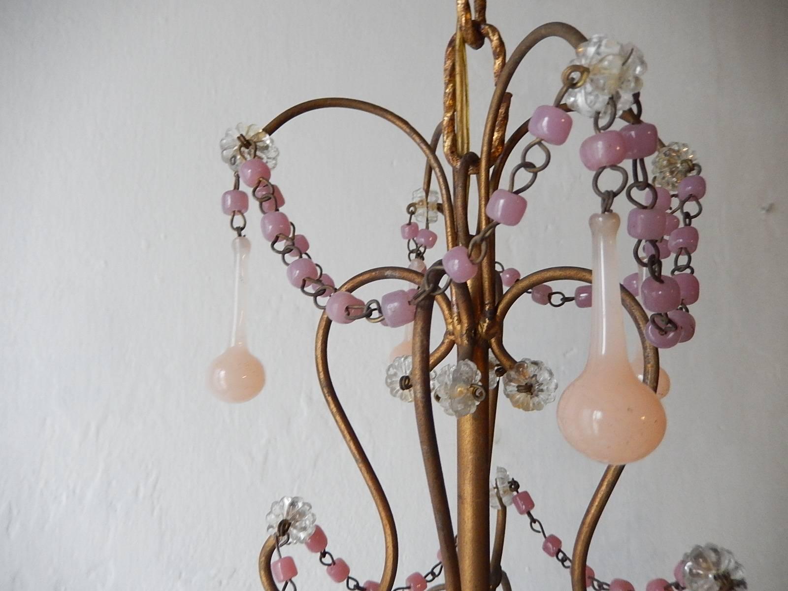 French Set of Two Pink Opaline Drops and Beads Petit Chandeliers, circa 1920