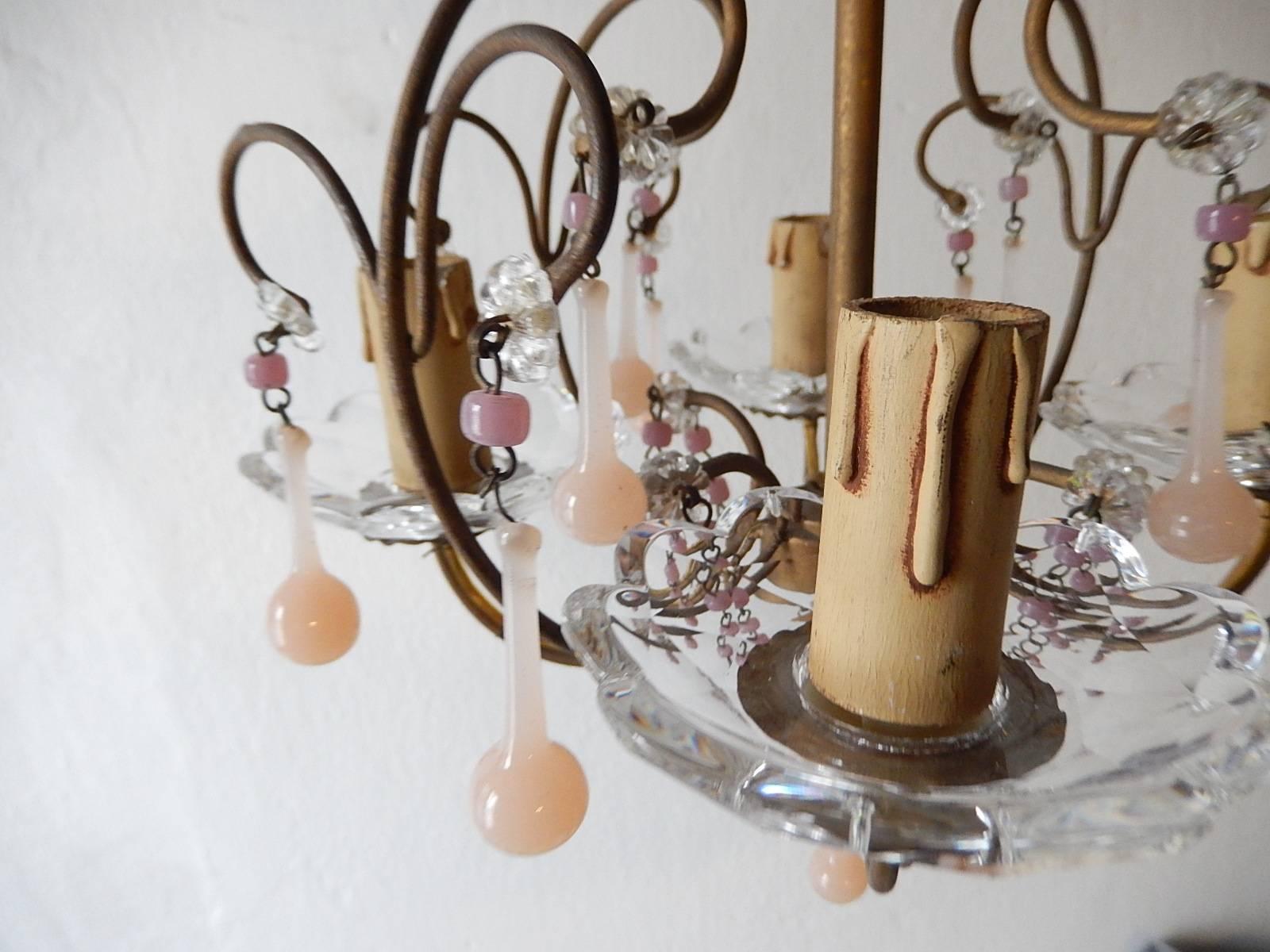 Early 20th Century Set of Two Pink Opaline Drops and Beads Petit Chandeliers, circa 1920