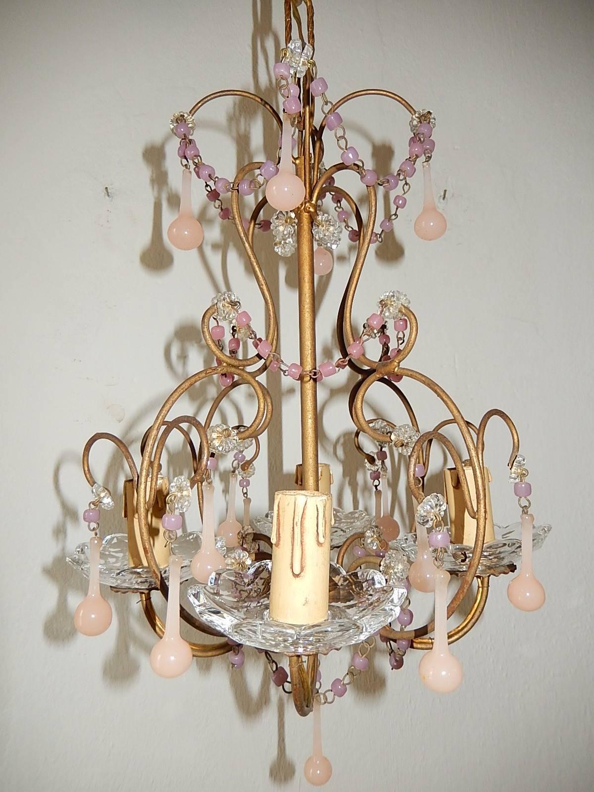 Set of Two Pink Opaline Drops and Beads Petit Chandeliers, circa 1920 1